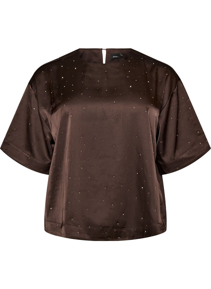 Blouse en satin avec strass et manches au coude, Marron, Packshot image number 0