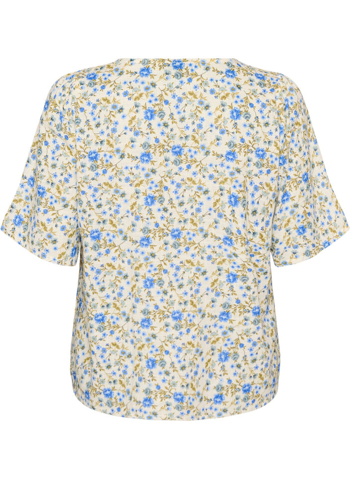 Kurz&auml;rmelige Bluse aus Baumwolle mit V-Ausschnitt, Blau, Packshot image number 1