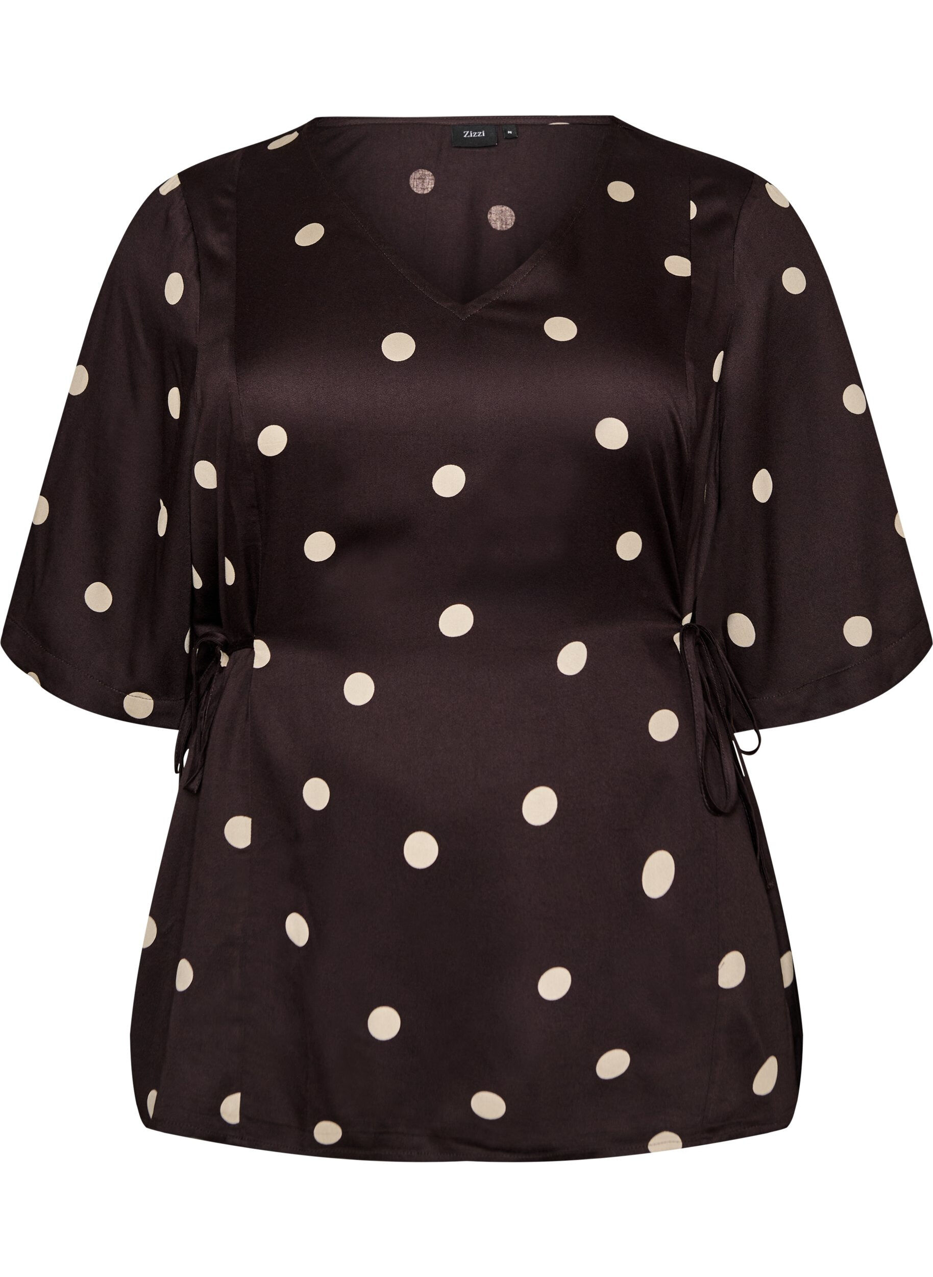 Blouse en viscose &agrave; pois avec col en V et lien &agrave; nouer