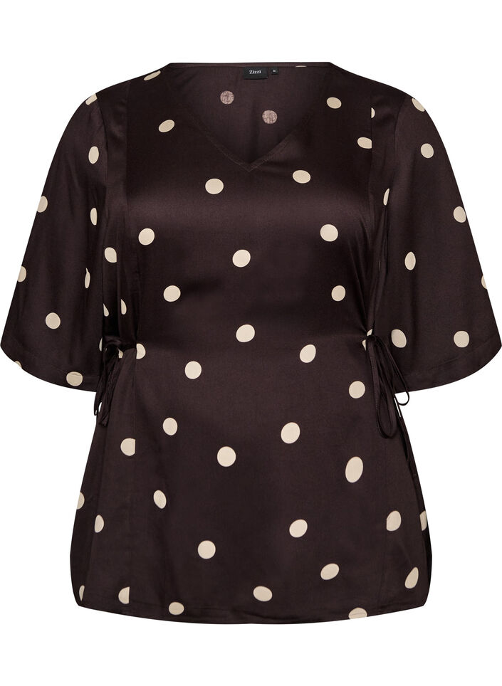 Blouse en viscose &agrave; pois avec col en V et lien &agrave; nouer, Marron, Packshot image number 0