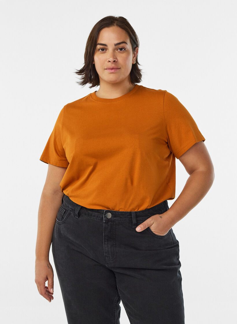 T-shirt basique en coton &agrave; col rond, Orange, Model image number 0