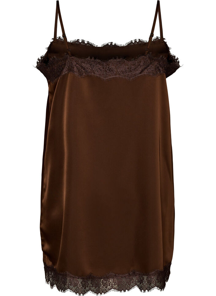 Langes Top aus Satin mit Spitzen, Braun, Packshot image number 1
