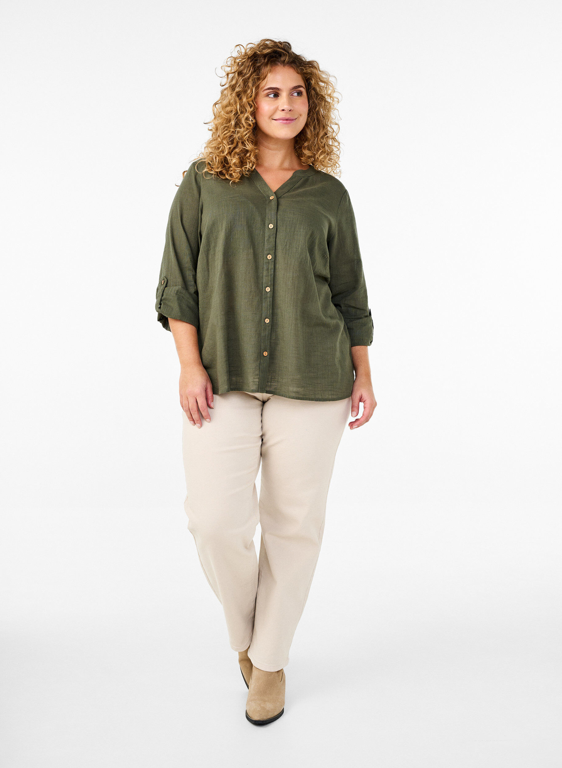 ZizziBaumwollbluse mit V-Ausschnitt, Gr&uuml;n, Model image number 1