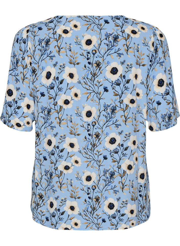 Blouse fleurie &agrave; manches courtes, Bleu, Packshot image number 1
