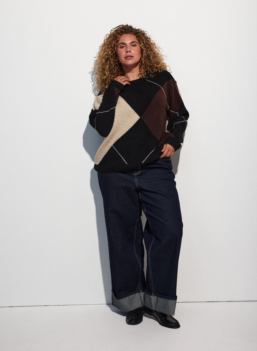 Strick mit Harlekinmuster, Schwarz, Model image number 1