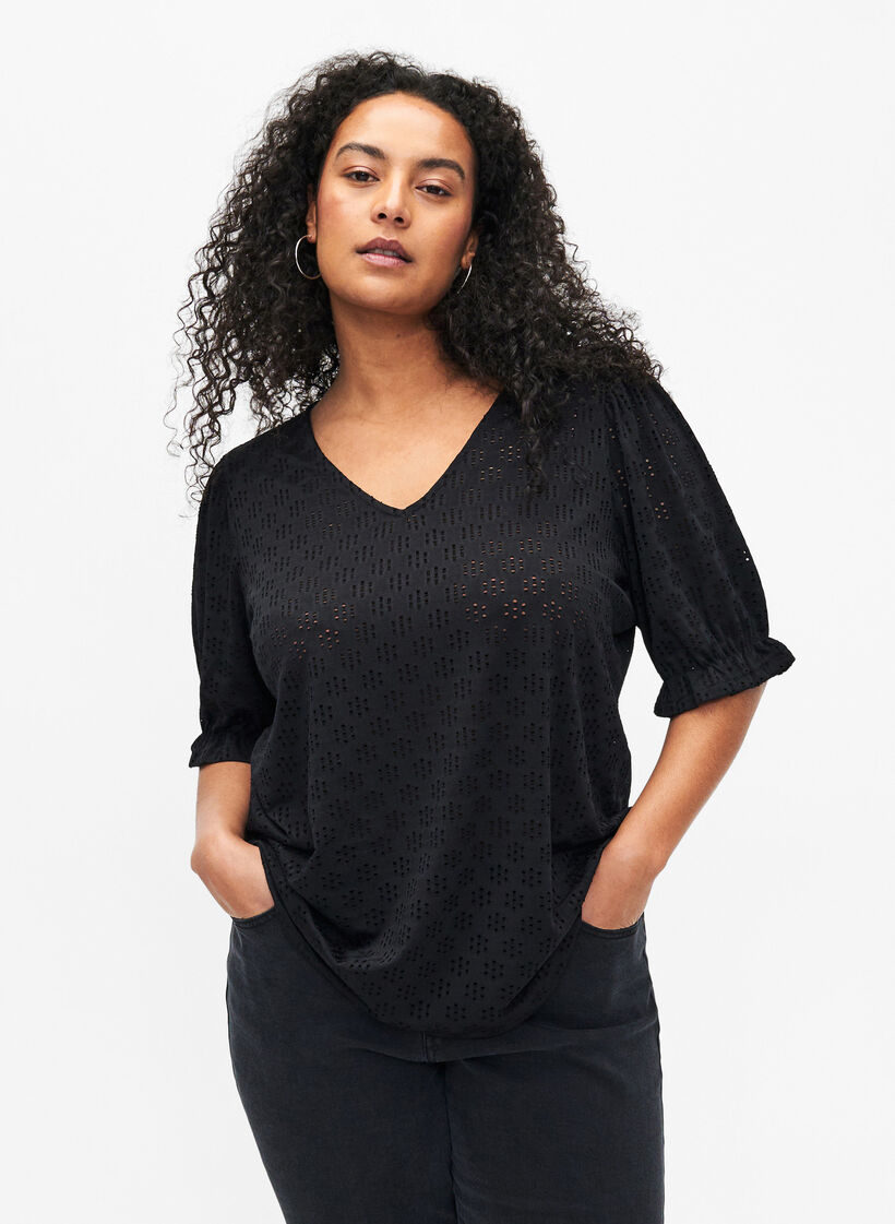Bluse mit V-Ausschnitt und Lochmuster, Black, Model image number 0