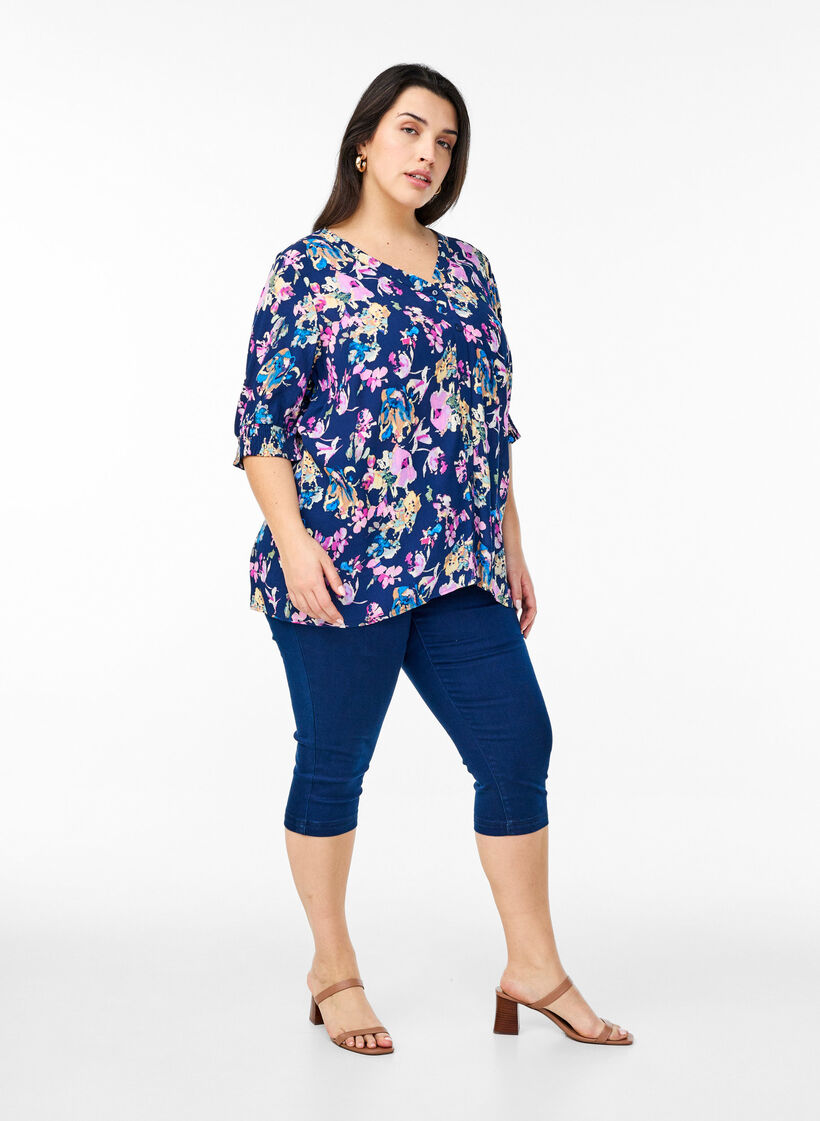 Kurzärmelige Bluse aus Viskose, Blau, Model image number 1