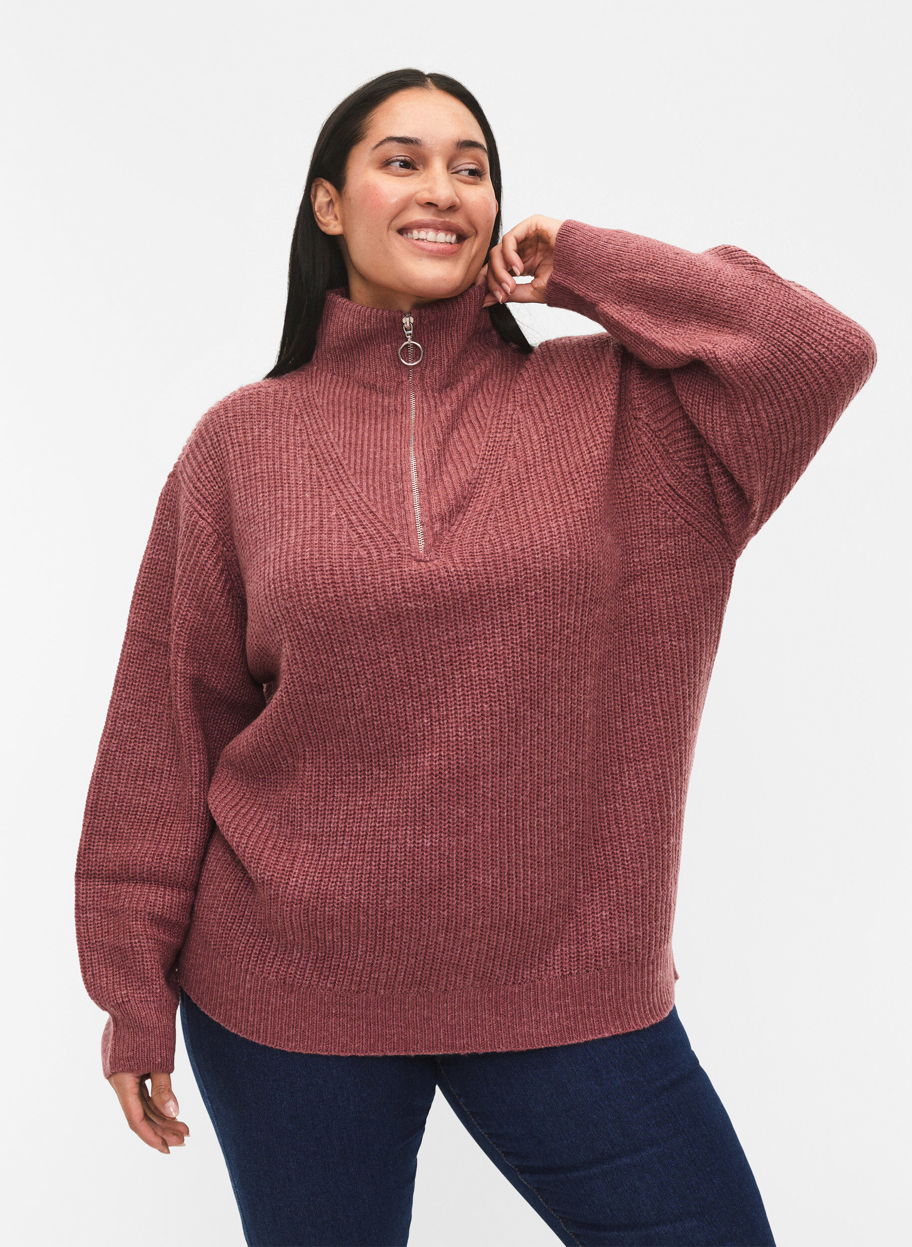 FLASH - Pull en tricot avec col haut et fermeture &eacute;clair, Rose poudr&eacute;e, Model