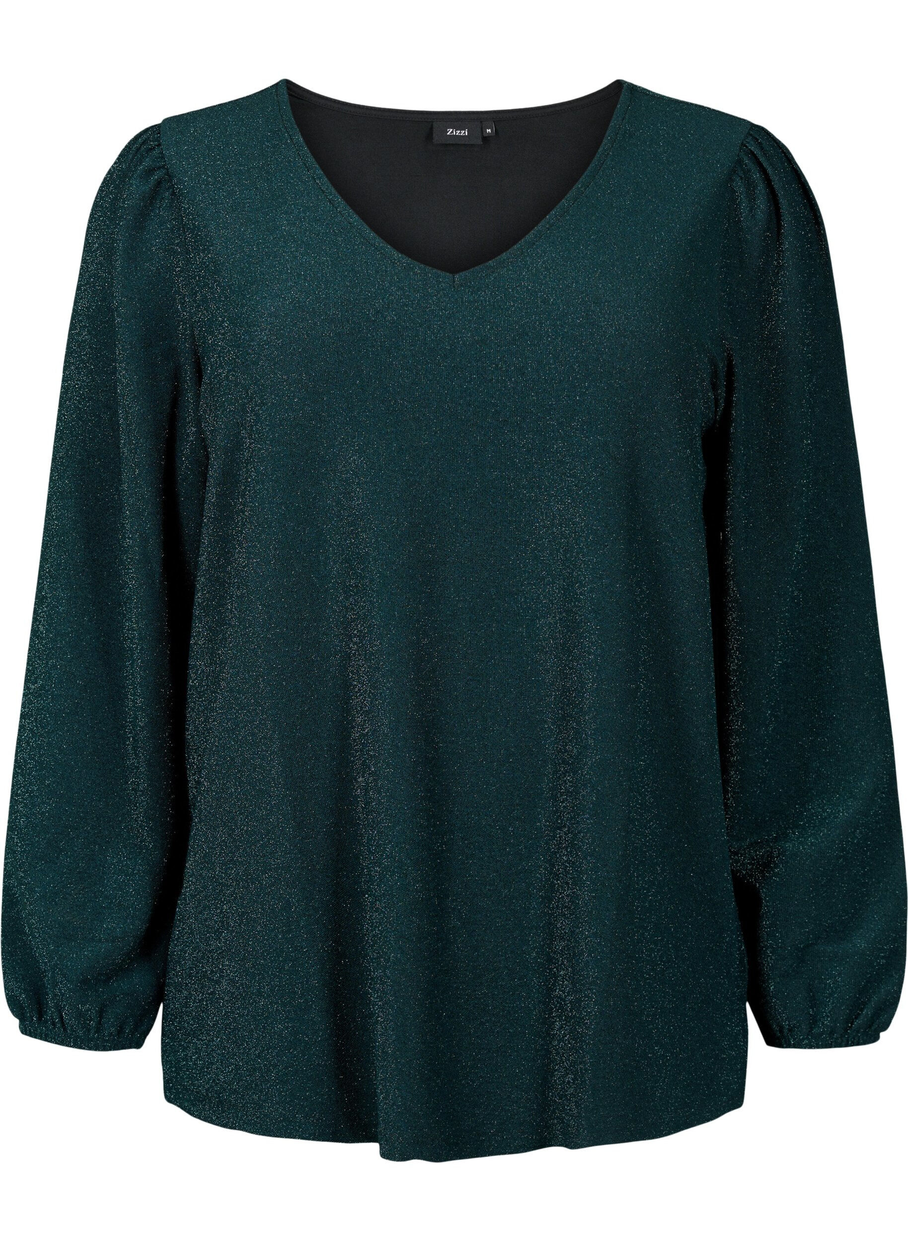 Zizzi Blouse scintillante avec manches bouffantes, Black Scarab, Packshot image number 0