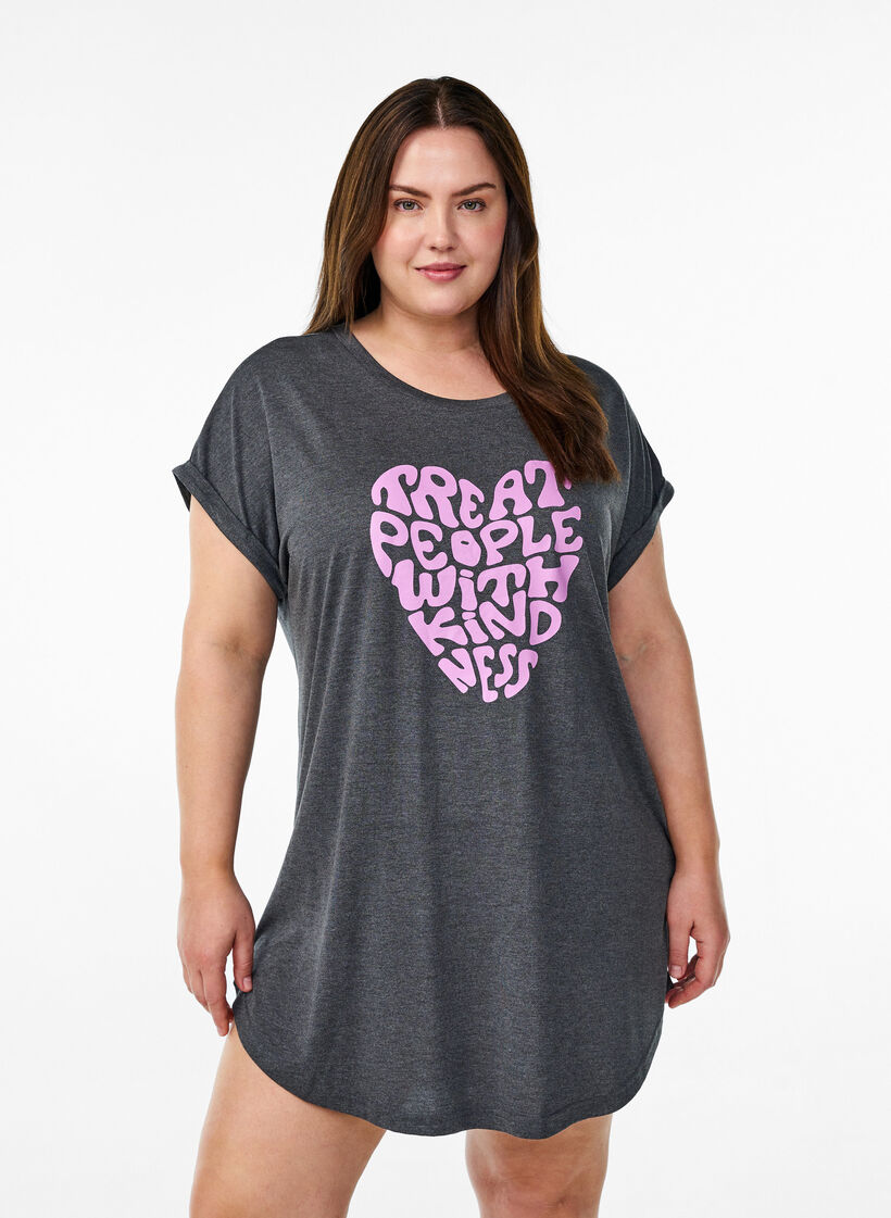 Chemise de nuit &agrave; manches courtes avec imprim&eacute; de texte, Noir, Model image number 0