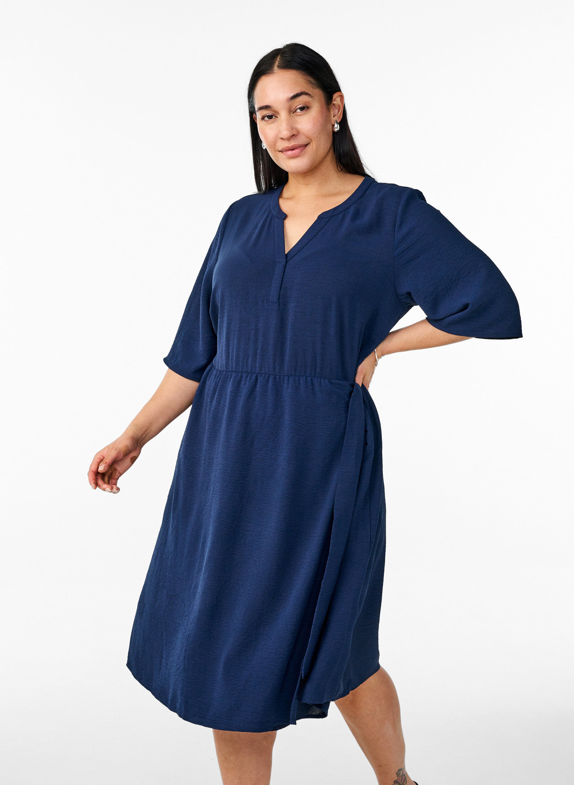 Zizzi Robe mi-longue avec lien &agrave; nouer, Bleu, Model image number 0