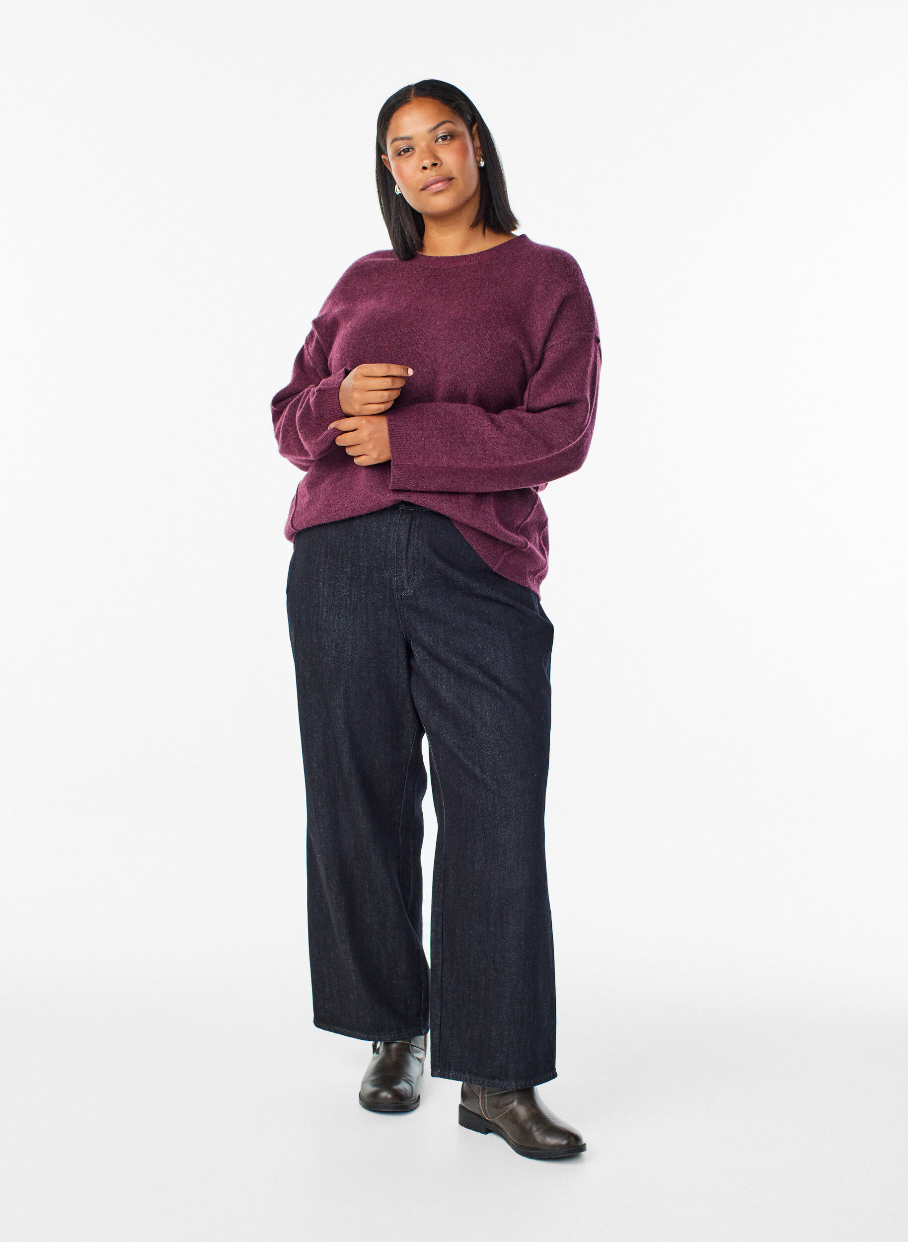 ZizziLockerer Strickpullover mit Kontrastn&auml;hten, Dunkles Bordeaux, Model image number 1