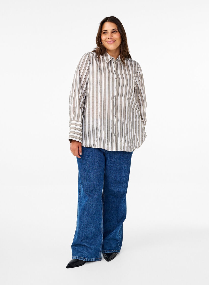 Lockeres Shirt mit Streifen, Beige, Model image number 1