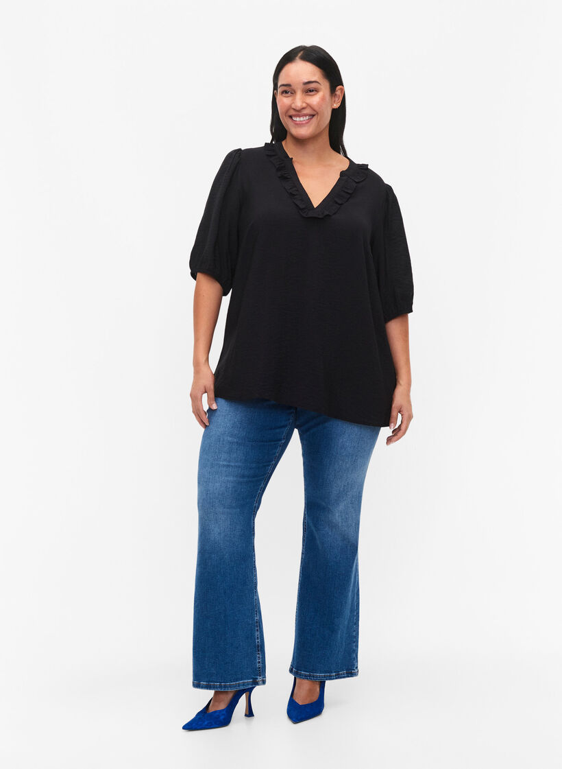 Viskosebluse mit Puffärmeln und Rüschen, Black, Model image number 2