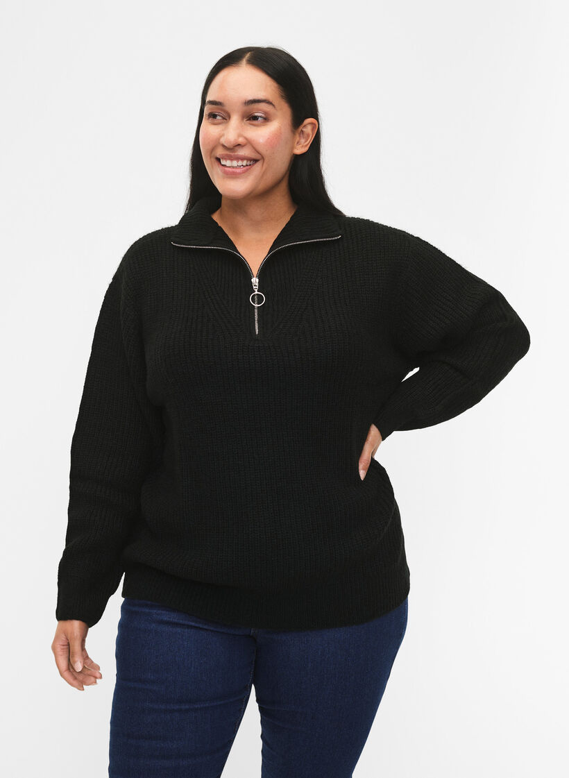 Pull en tricot avec col haut et fermeture &eacute;clair, Noir, Model image number 0