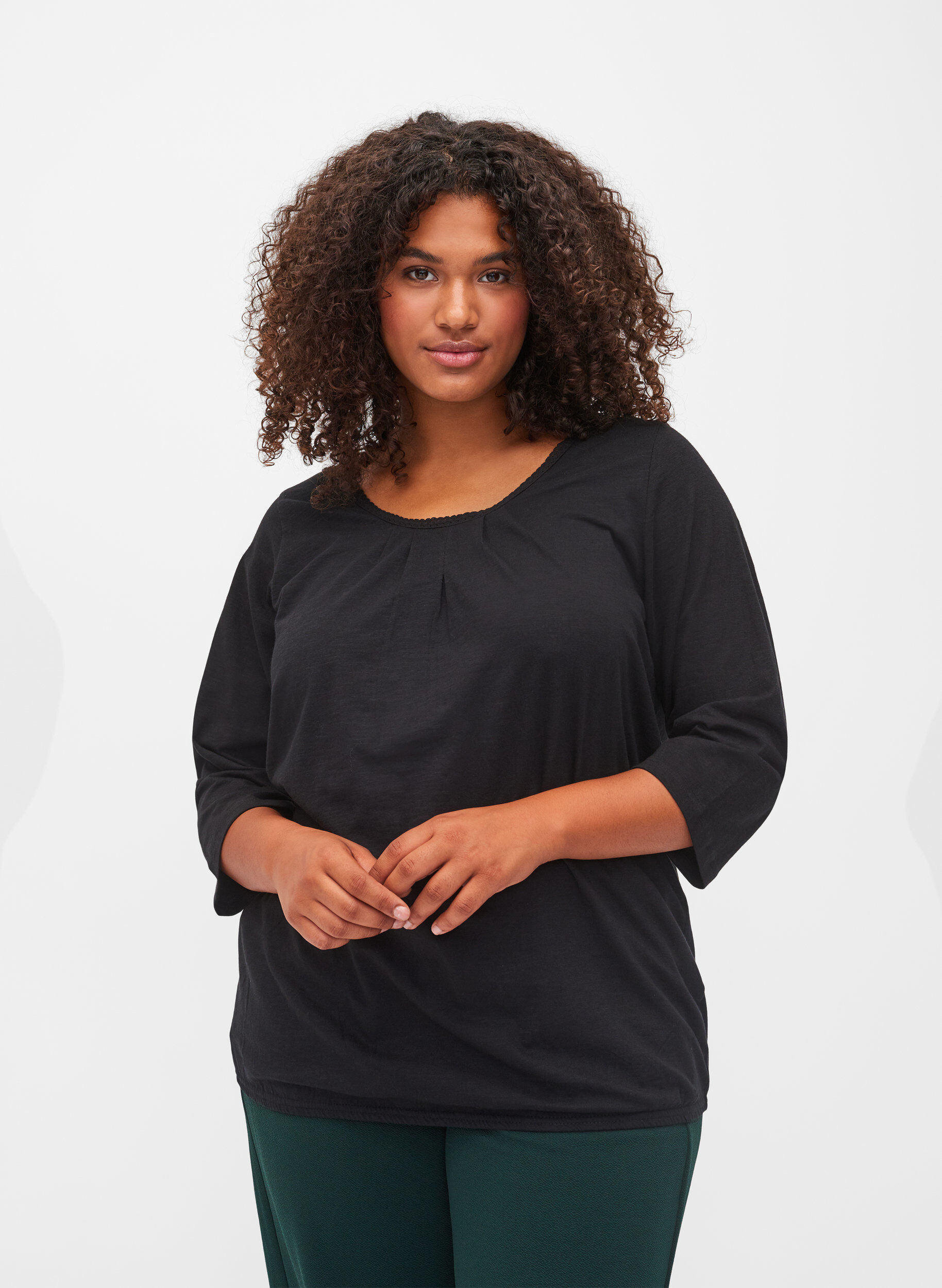 Zizzi Blouse en coton &agrave; manches 3/4, Black, Model image number 0