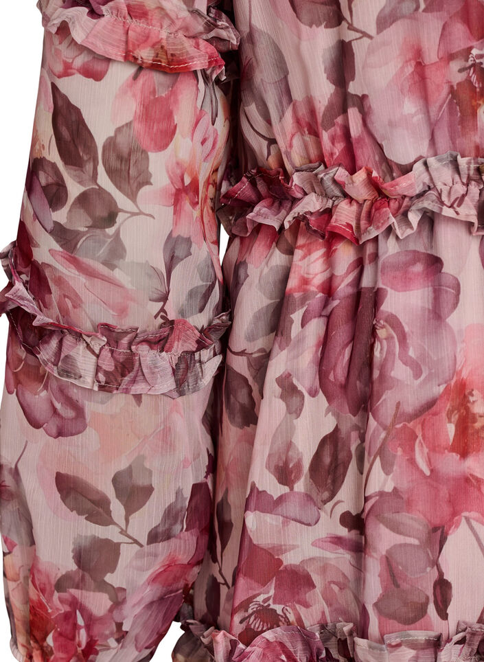 Robe midi &agrave; fleurs avec volants et manches transparentes, Rose, Packshot image number 3
