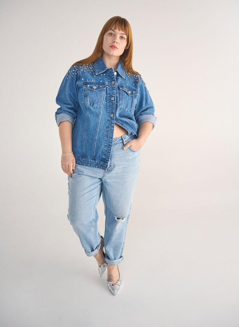 Jeans Mille mom-fit &agrave; d&eacute;tails effiloch&eacute;s, Bleu Clair, Image