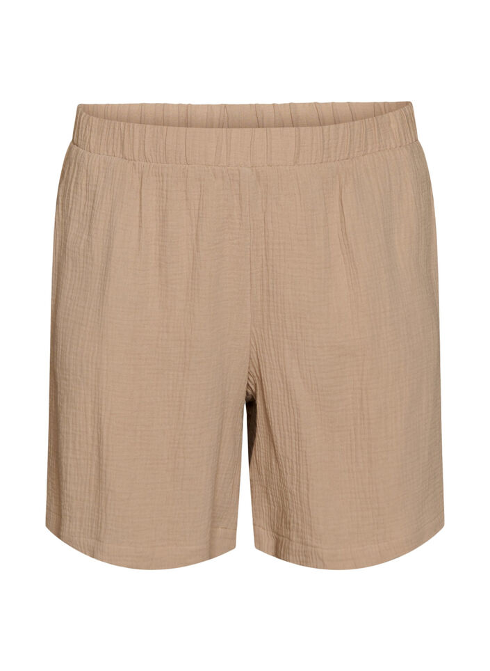 Hoch taillierte Shorts aus Baumwoll-Musselin, Beige, Packshot image number 0