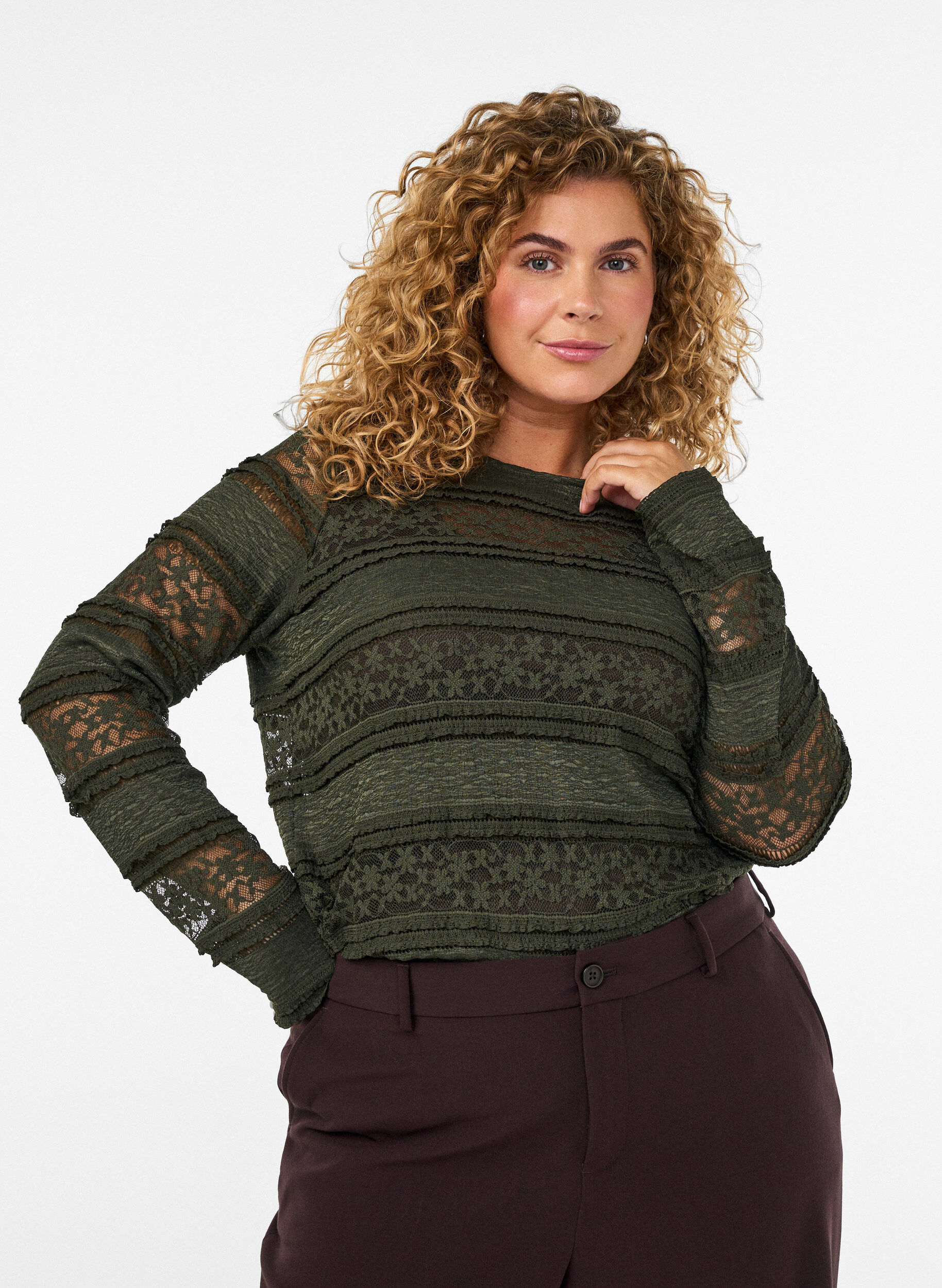 ZizziBlouse en dentelle avec manches longues, Vert fonc&eacute;, Model image number 0