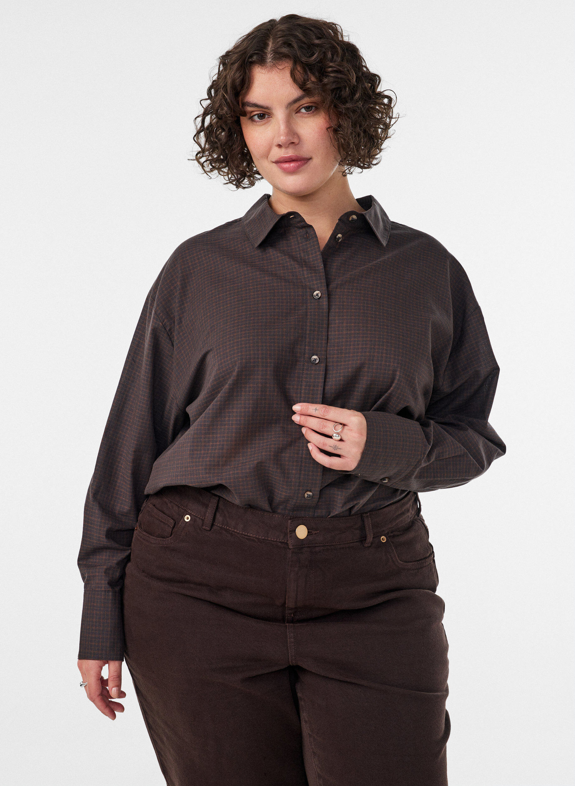 Chemise en coton &agrave; carreaux, Marron, Model