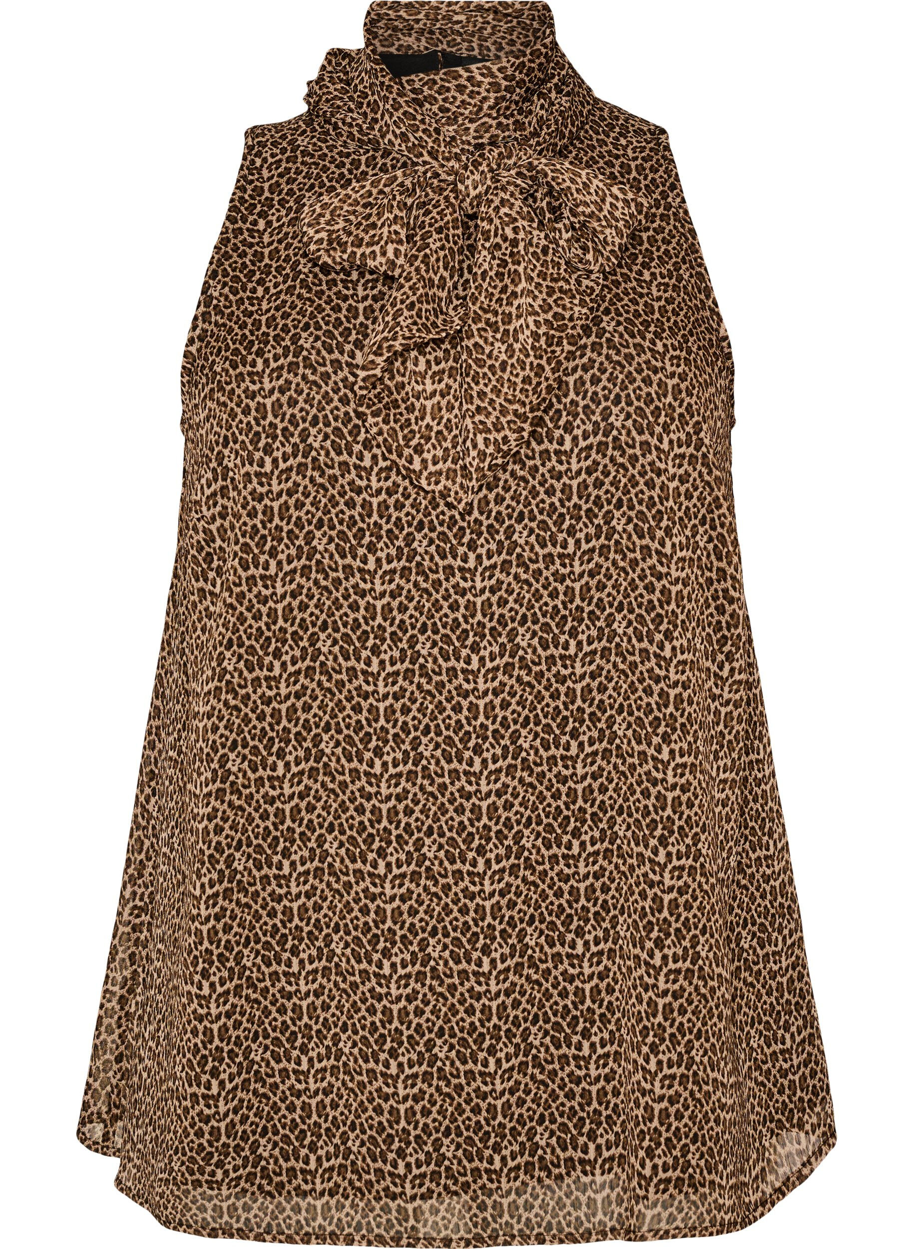 Zizzi&Auml;rmellose, hochgeschlossene Bluse mit Schleife, Braun, Packshot image number 0