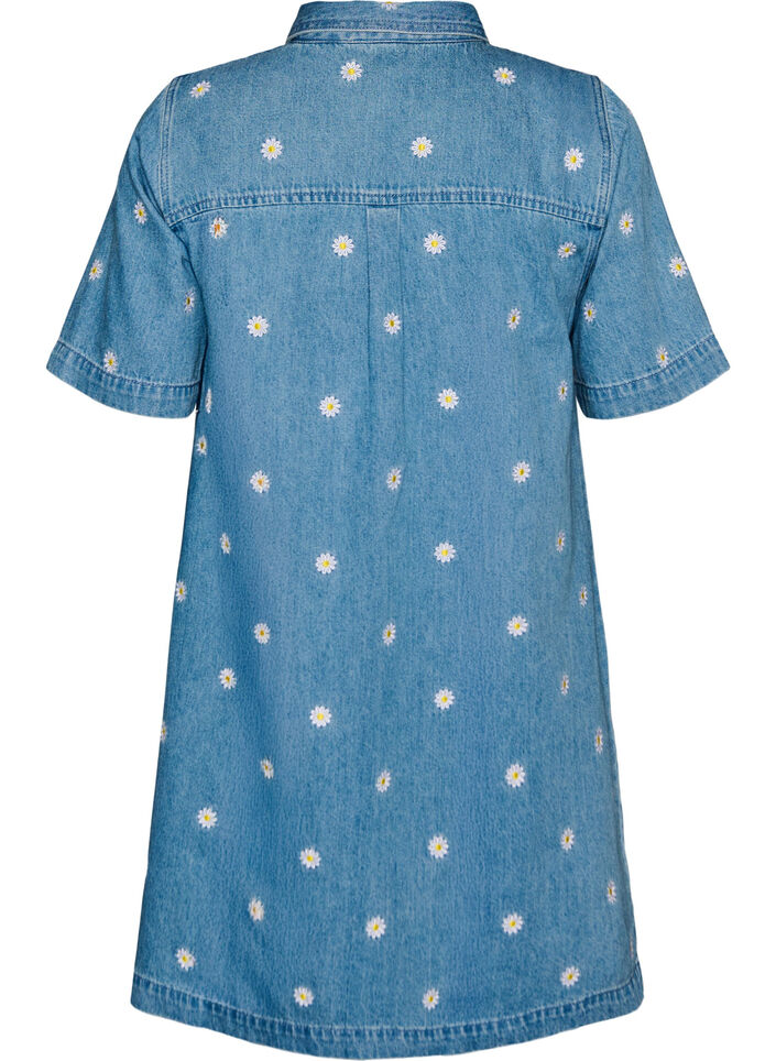 Robe courte en denim avec broderies florales, Bleu Clair, Packshot image number 1