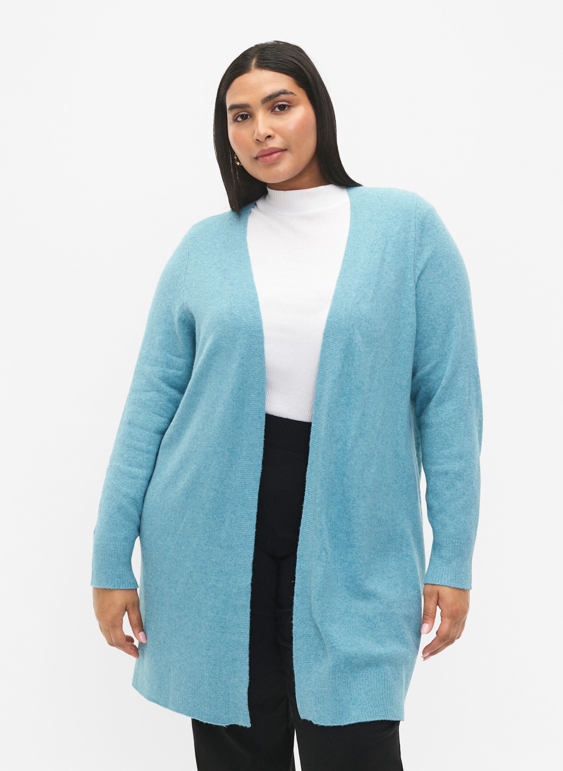 Zizzi Lange Strickjacke mit offener Vorderseite, Reef Water Mel., Model image number 0