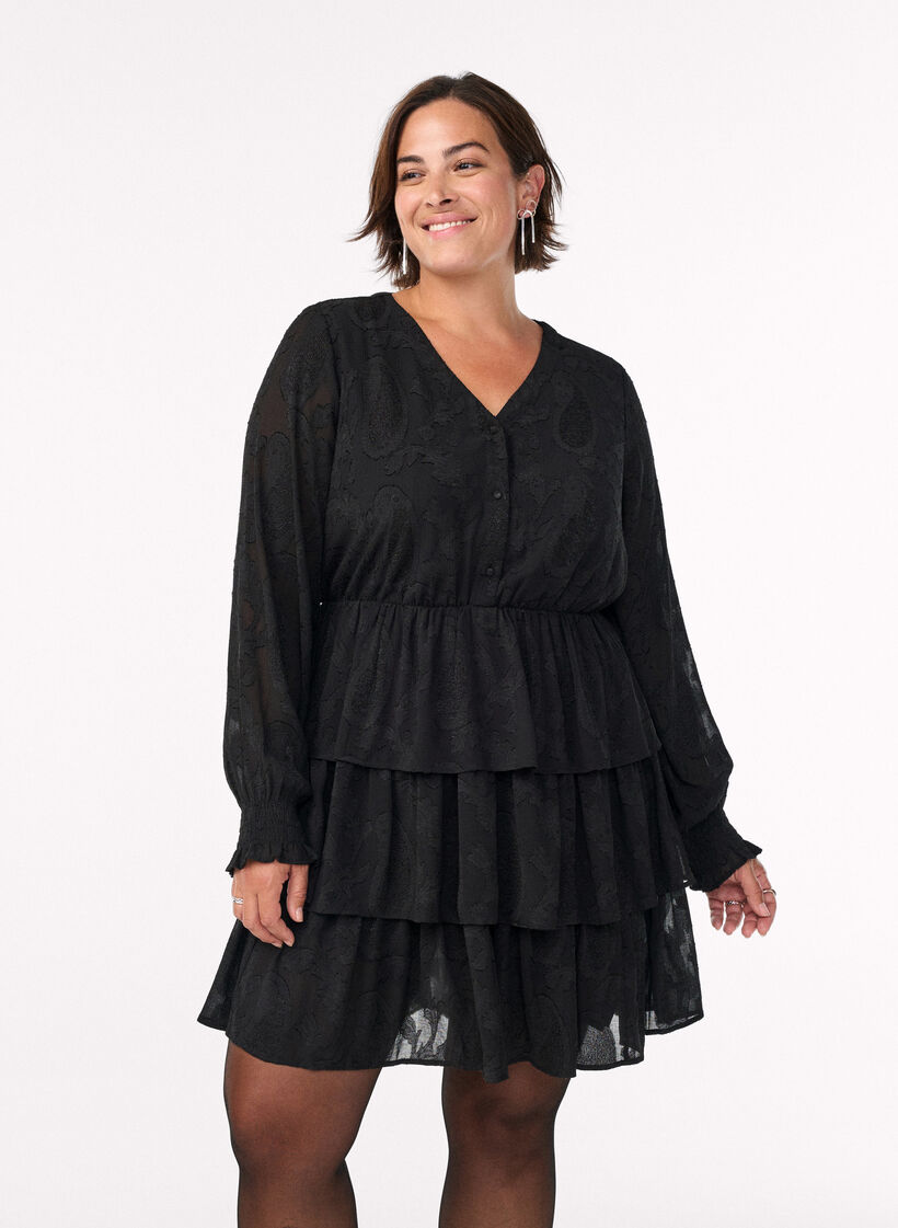 Kurzes Kleid mit Rüschen und Strukturmuster, Schwarz, Model image number 0