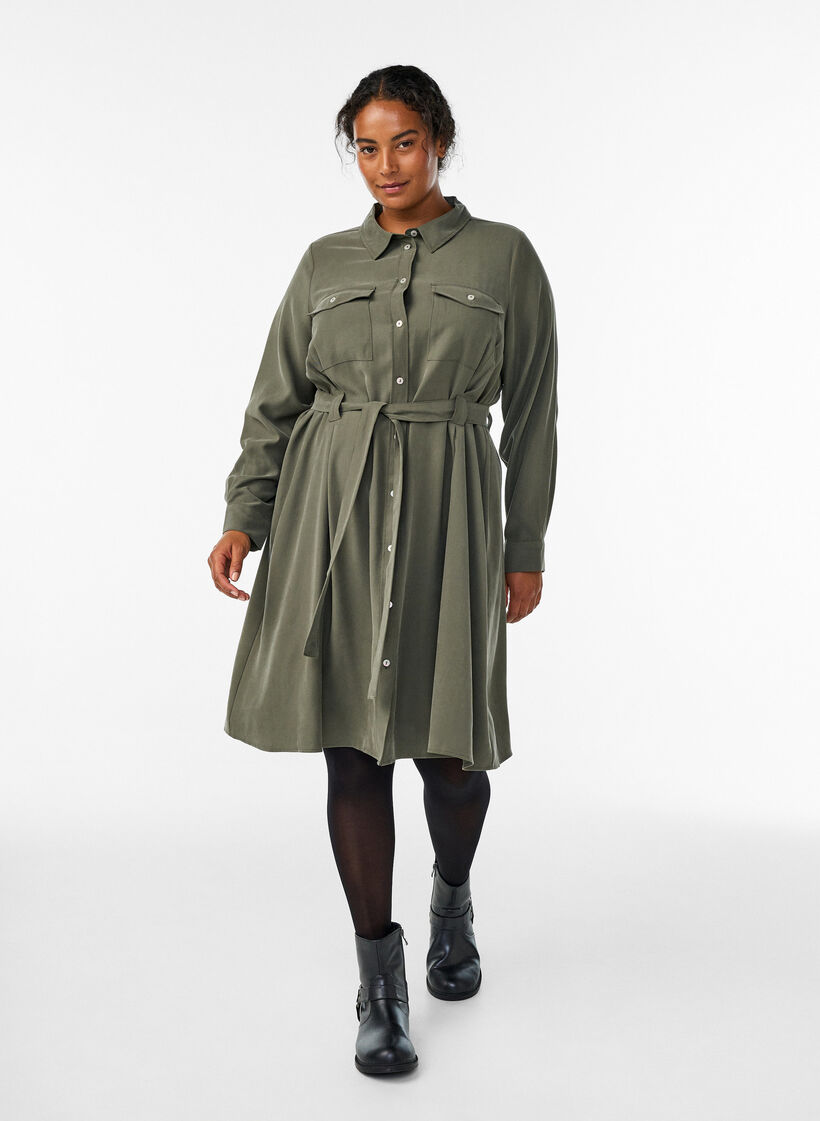 Robe chemise avec ceinture à nouer et manches longues, Vert, Model image number 1