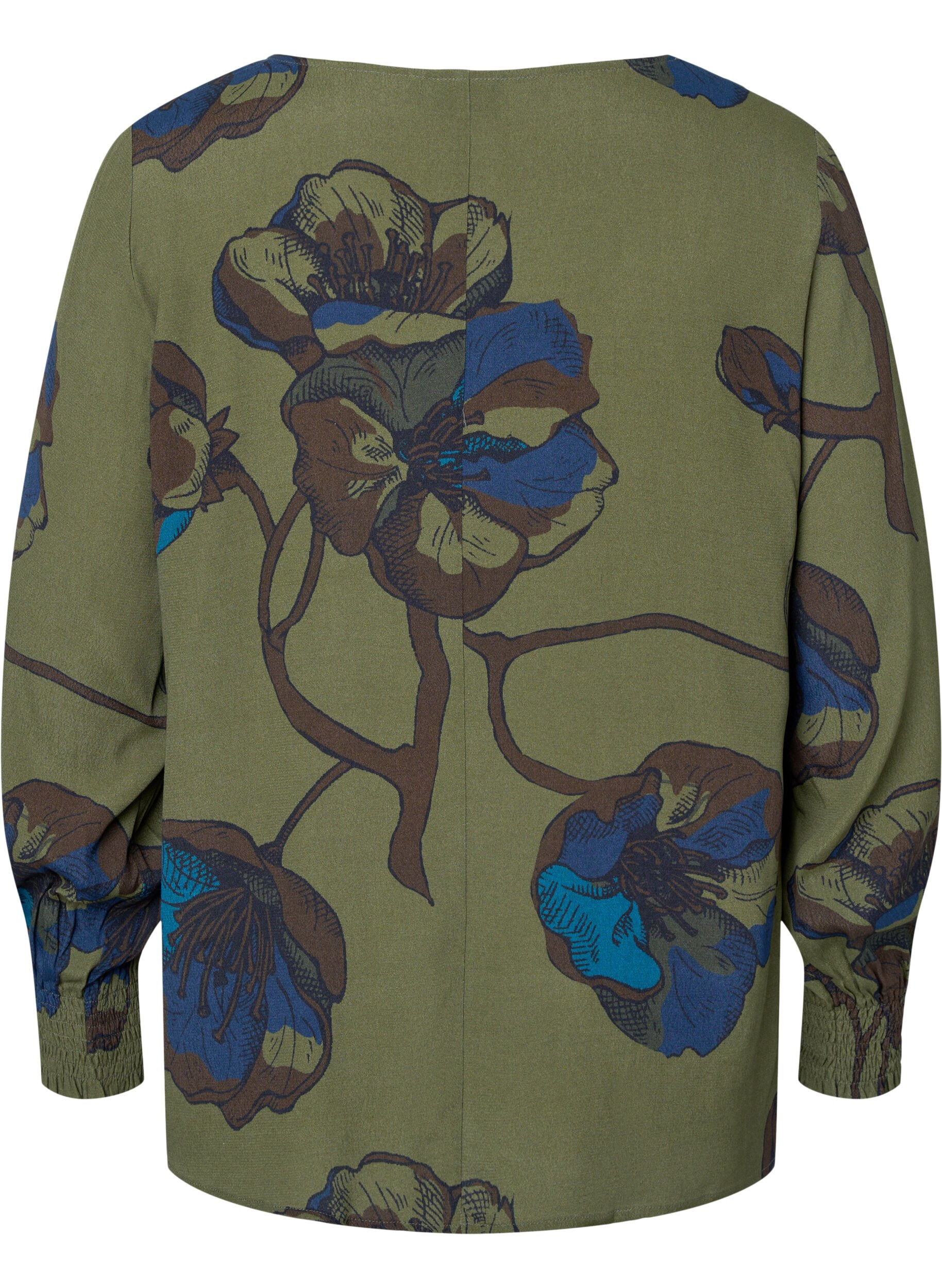 Zizzi Blouse &agrave; manches longues en viscose avec imprim&eacute; floral	, Green Big Flower, Packshot image number 1