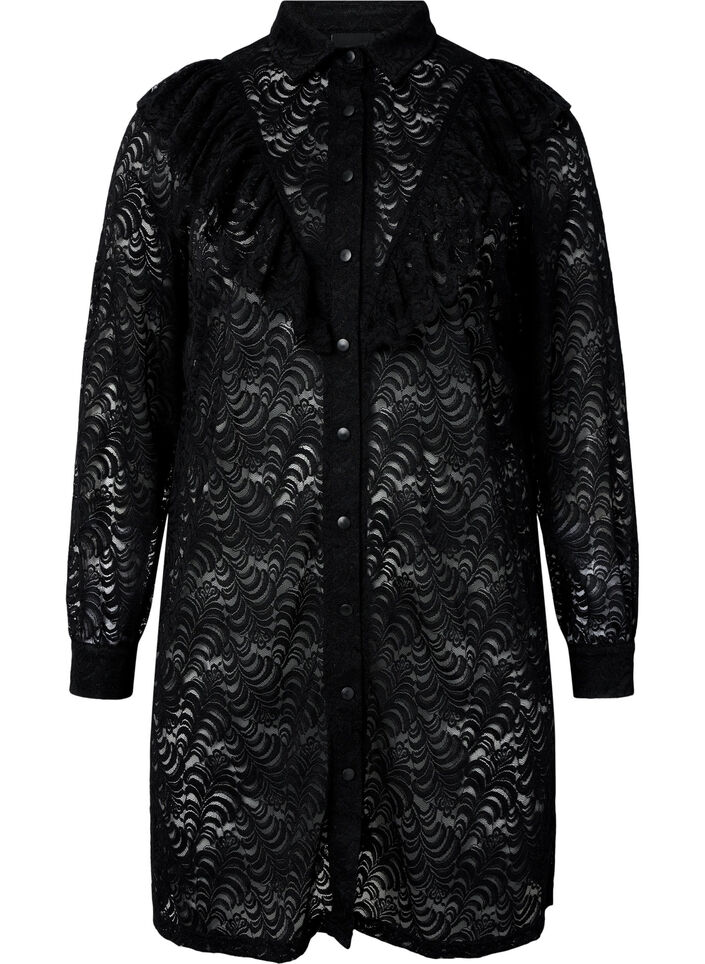 Hemdblusenkleid aus Spitze mit Rüschen, Black, Packshot image number 0