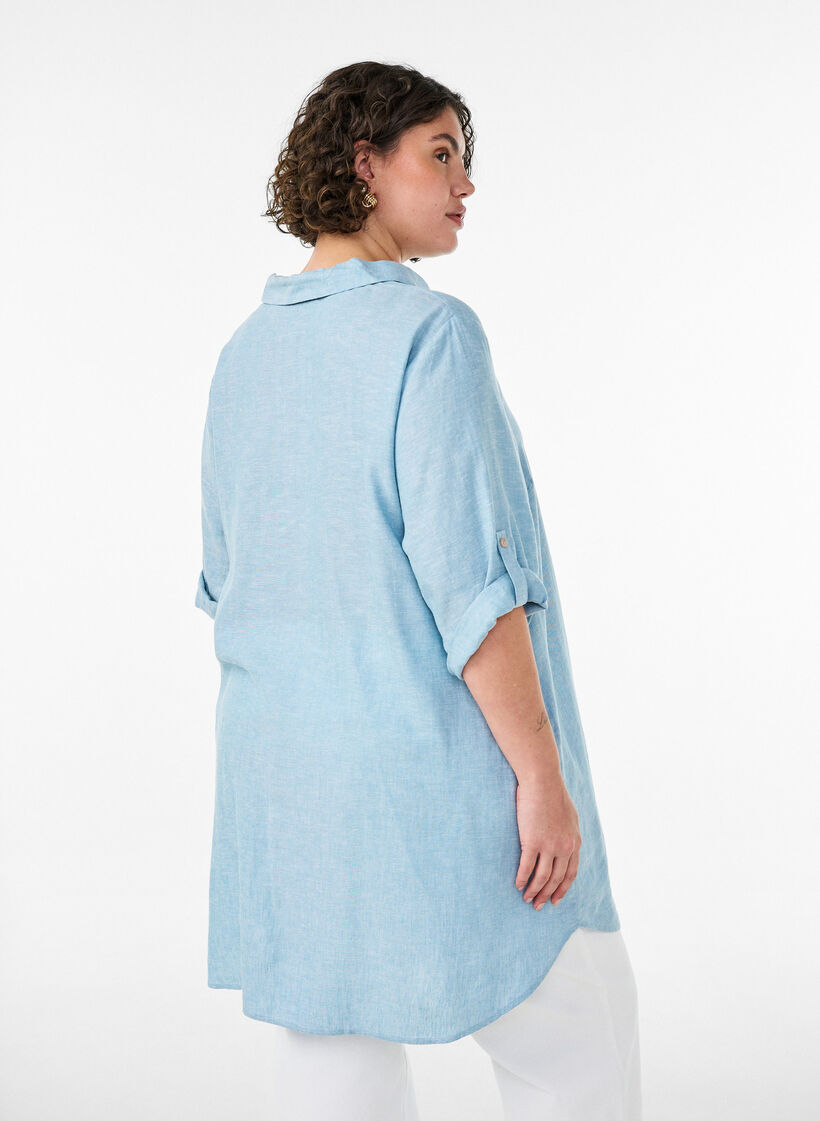 Linen and viscose tunic with A-shape, Light Blue, Model image number 2