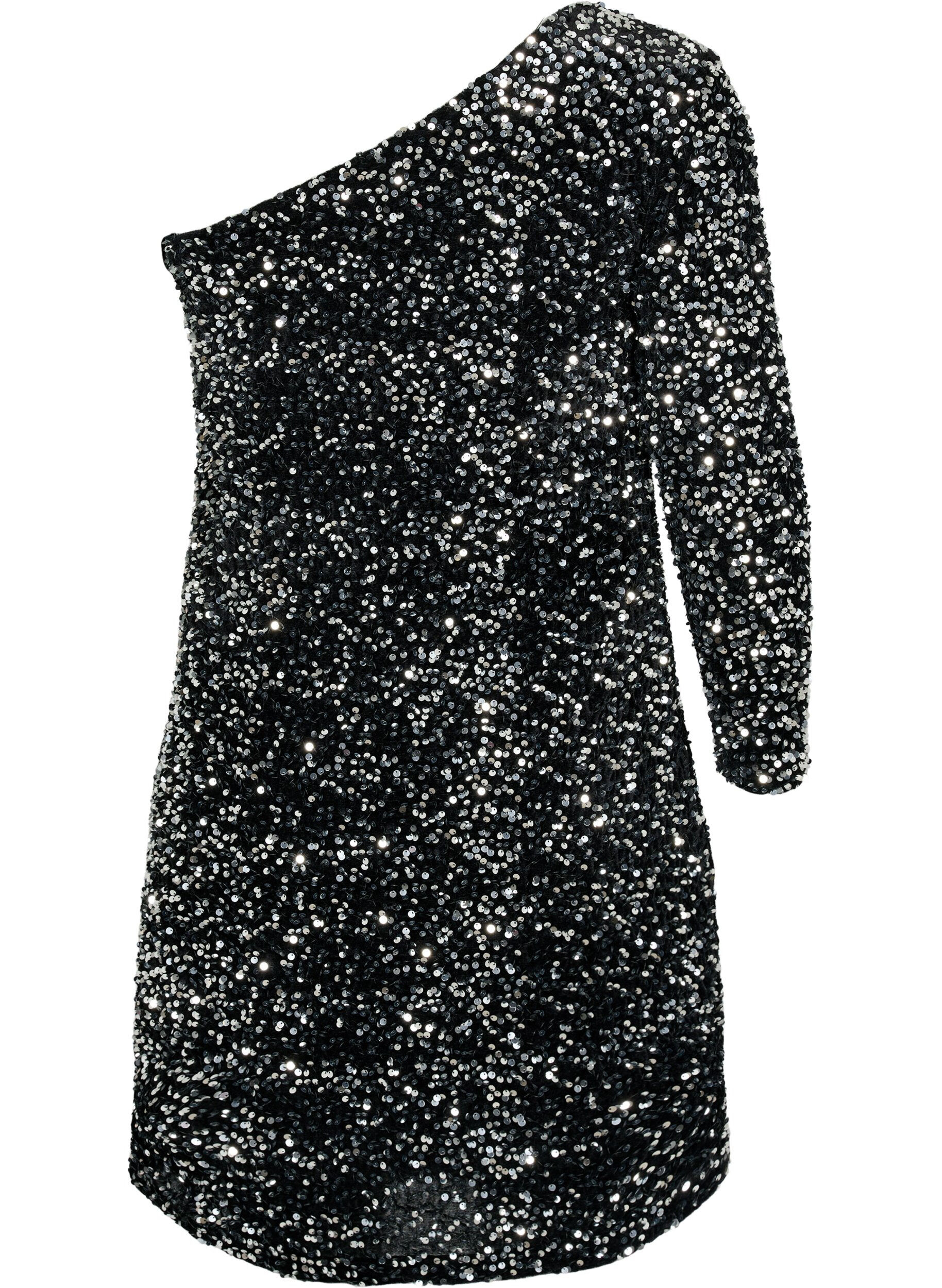 Zizzi Kurzes One-Shoulder-Kleid mit Pailletten, Black/Silver Sequins, Packshot image number 1