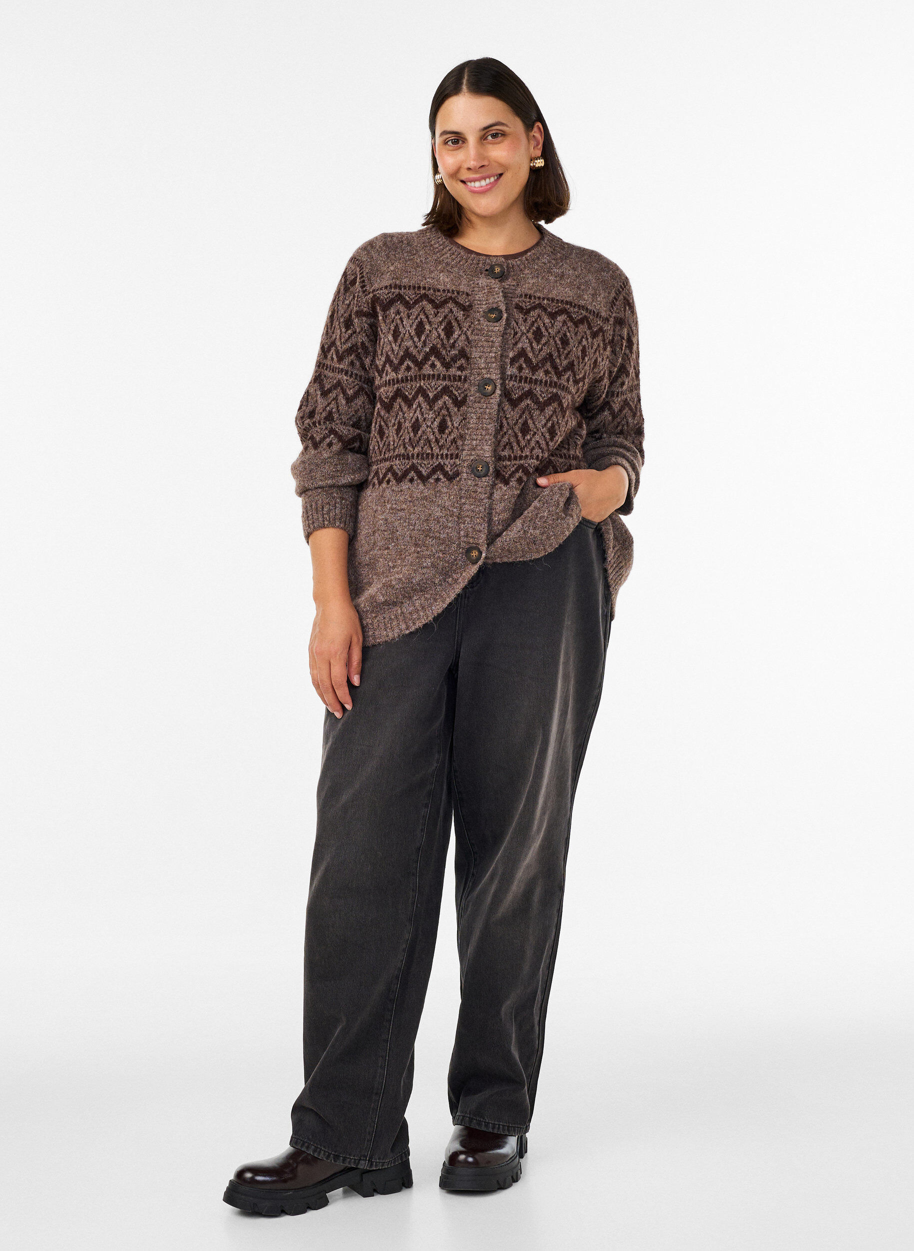 ZizziStrickjacke mit Jacquardmuster, Braun, Model image number 1
