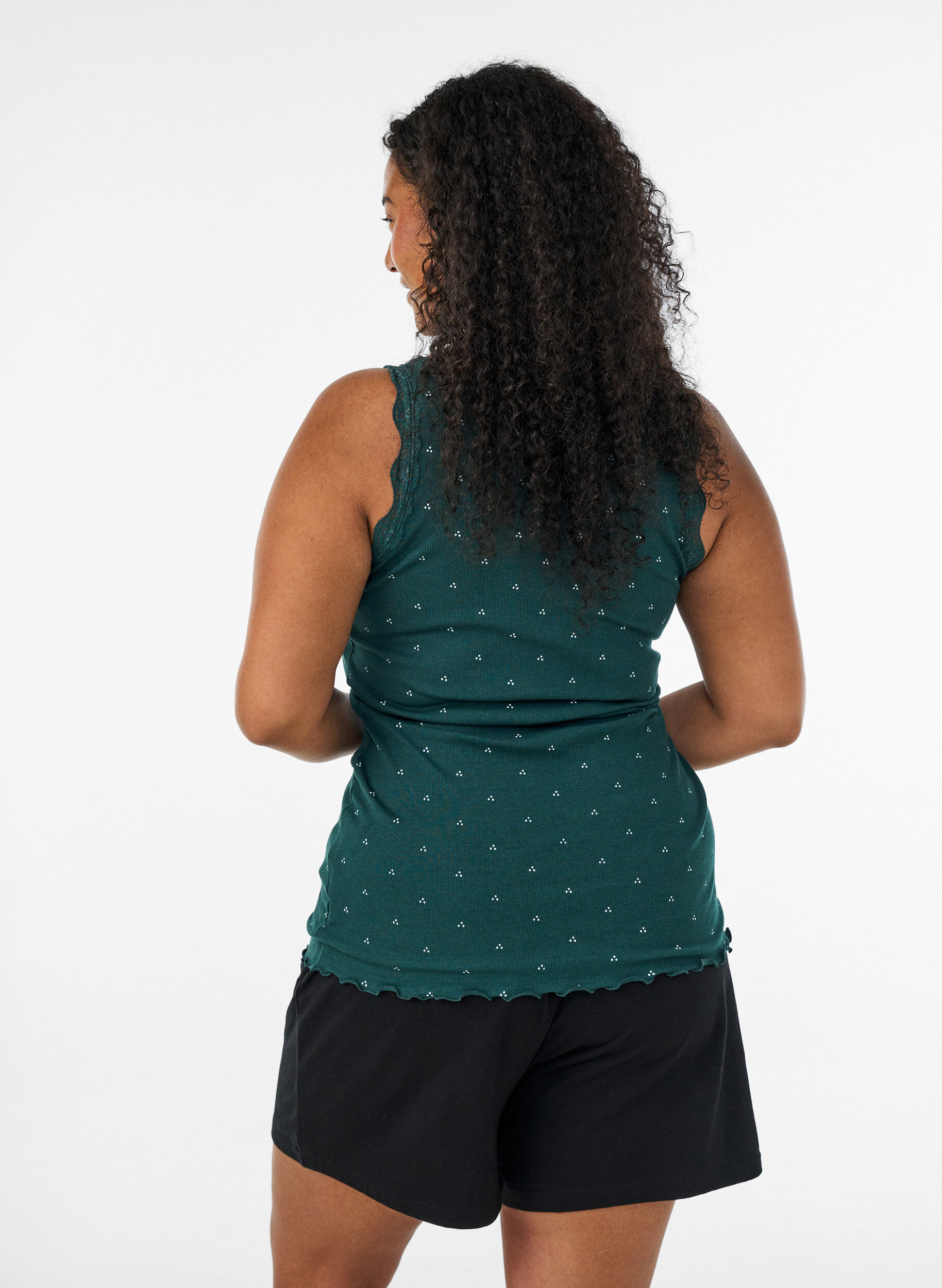ZizziTop avec imprim&eacute; et bord en dentelle, Vert fonc&eacute;, Model image number 2