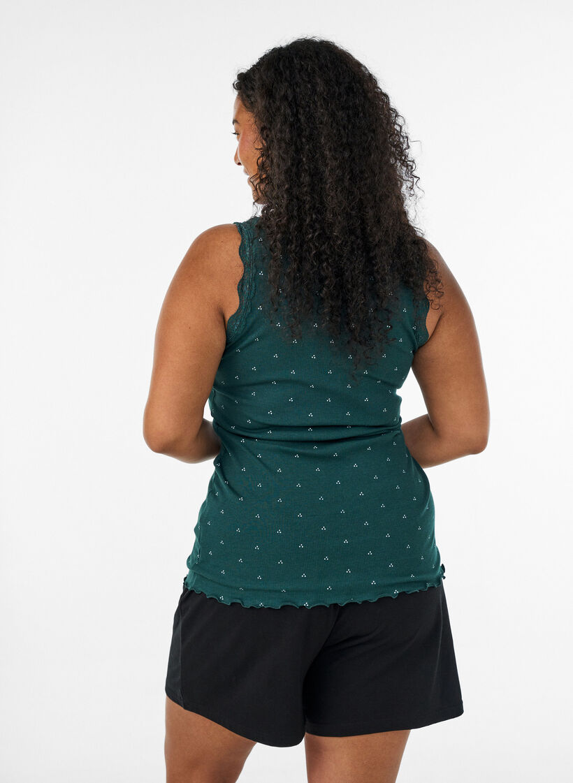 Top avec imprim&eacute; et bord en dentelle, Vert fonc&eacute;, Model image number 2