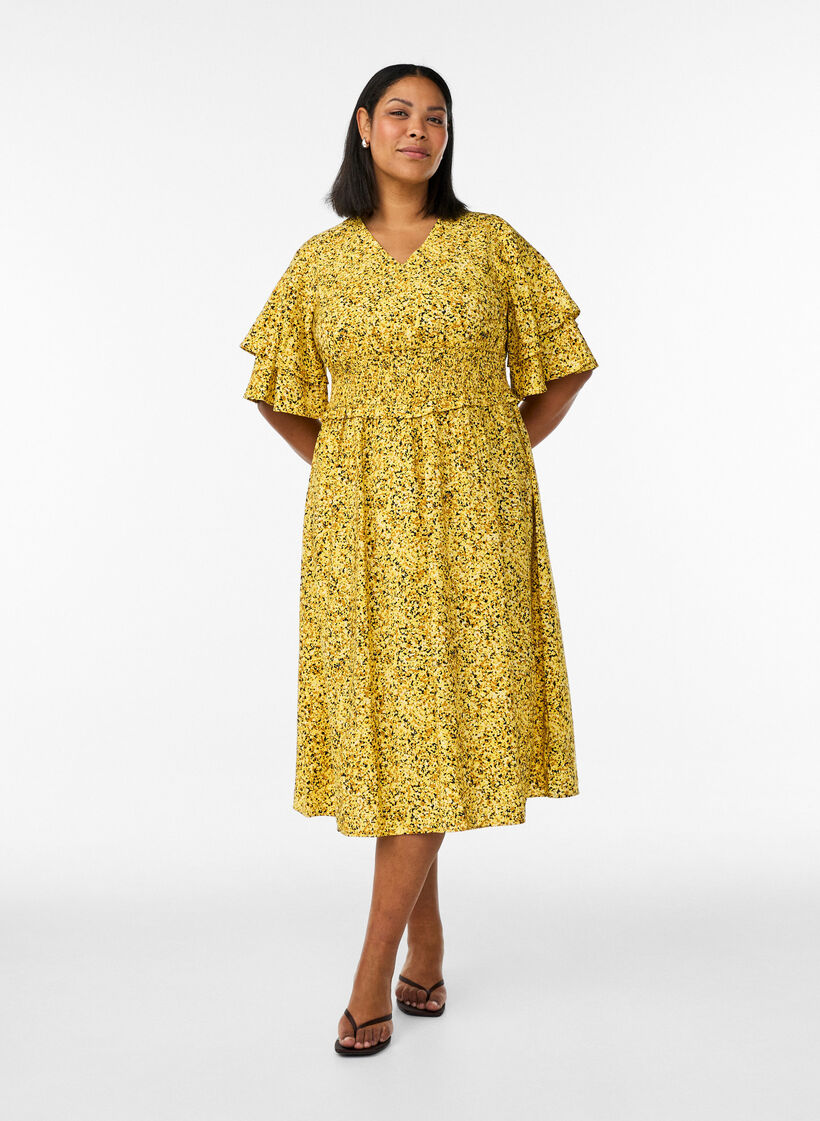 Robe midi smock&eacute;e avec manches &agrave; volants, Jaune, Model image number 1