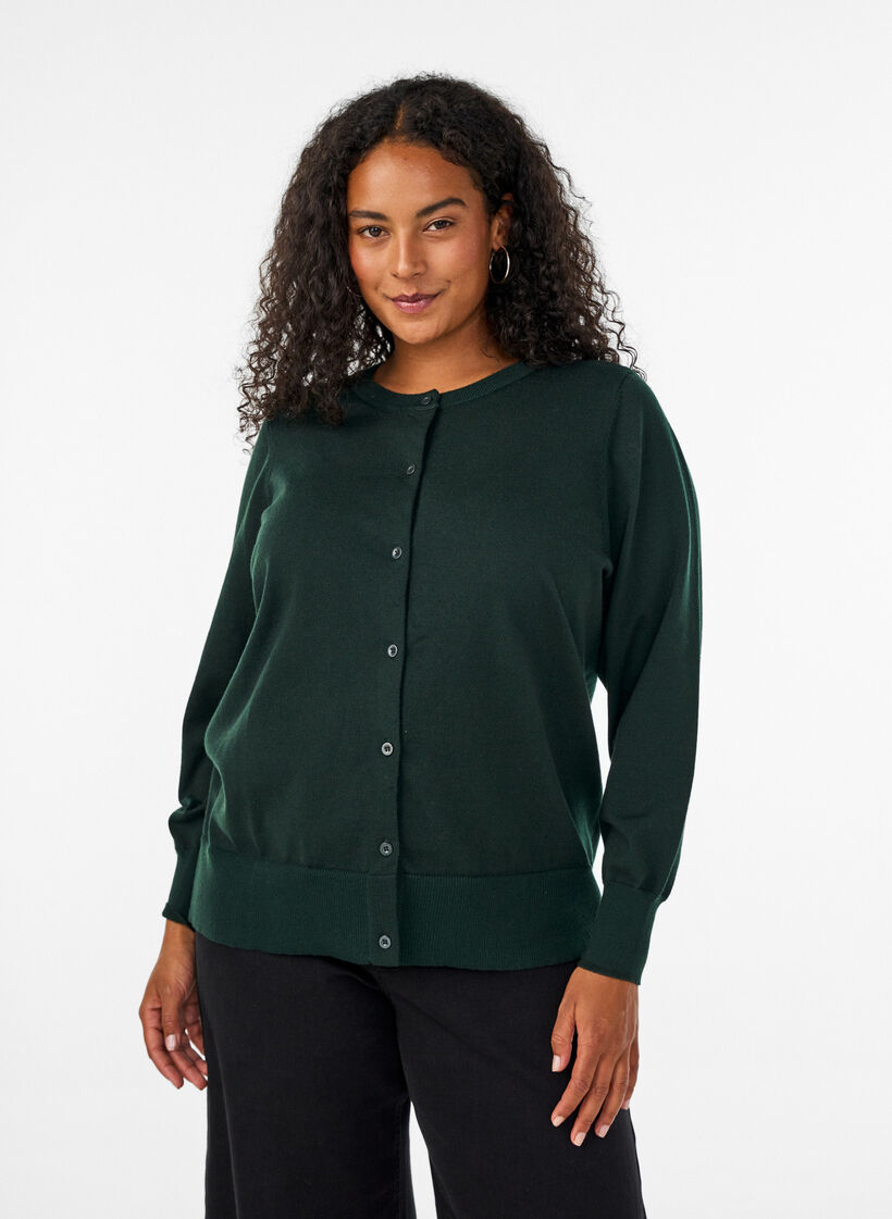 Cardigan en maille fine avec col rond, Vert fonc&eacute;, Model image number 0