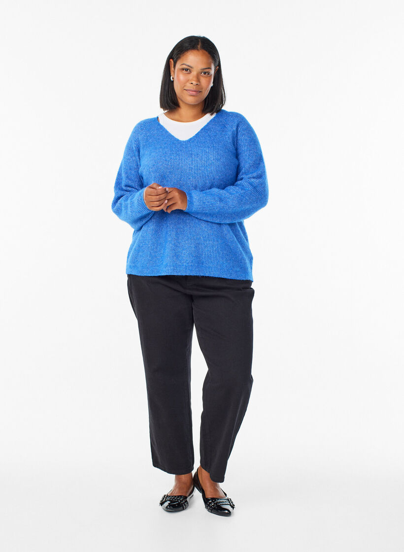 Strickbluse mit V-Ausschnitt und Raglan&auml;rmeln, Blau, Model image number 1