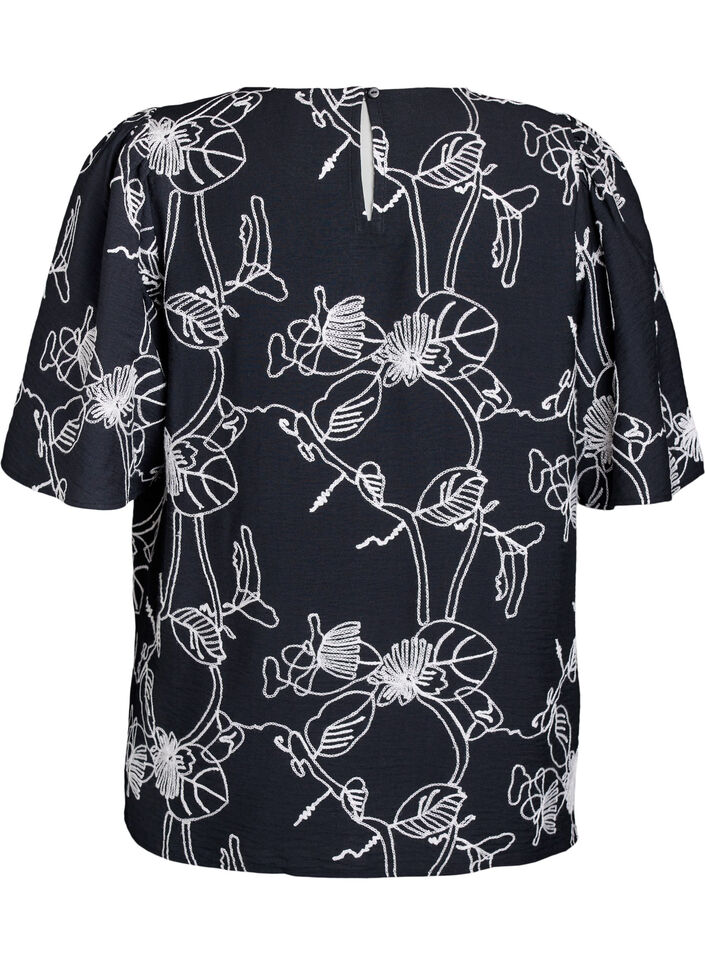 Kurz&auml;rmelige Bluse mit Stickmuster, Schwarz, Packshot image number 1