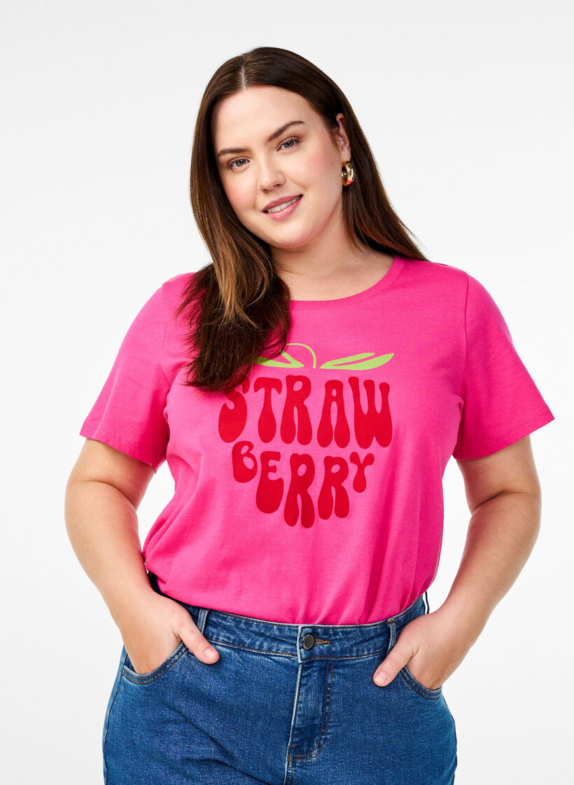 T-shirt en coton avec motif, Raspb. w. Strawberry, Model image number 0