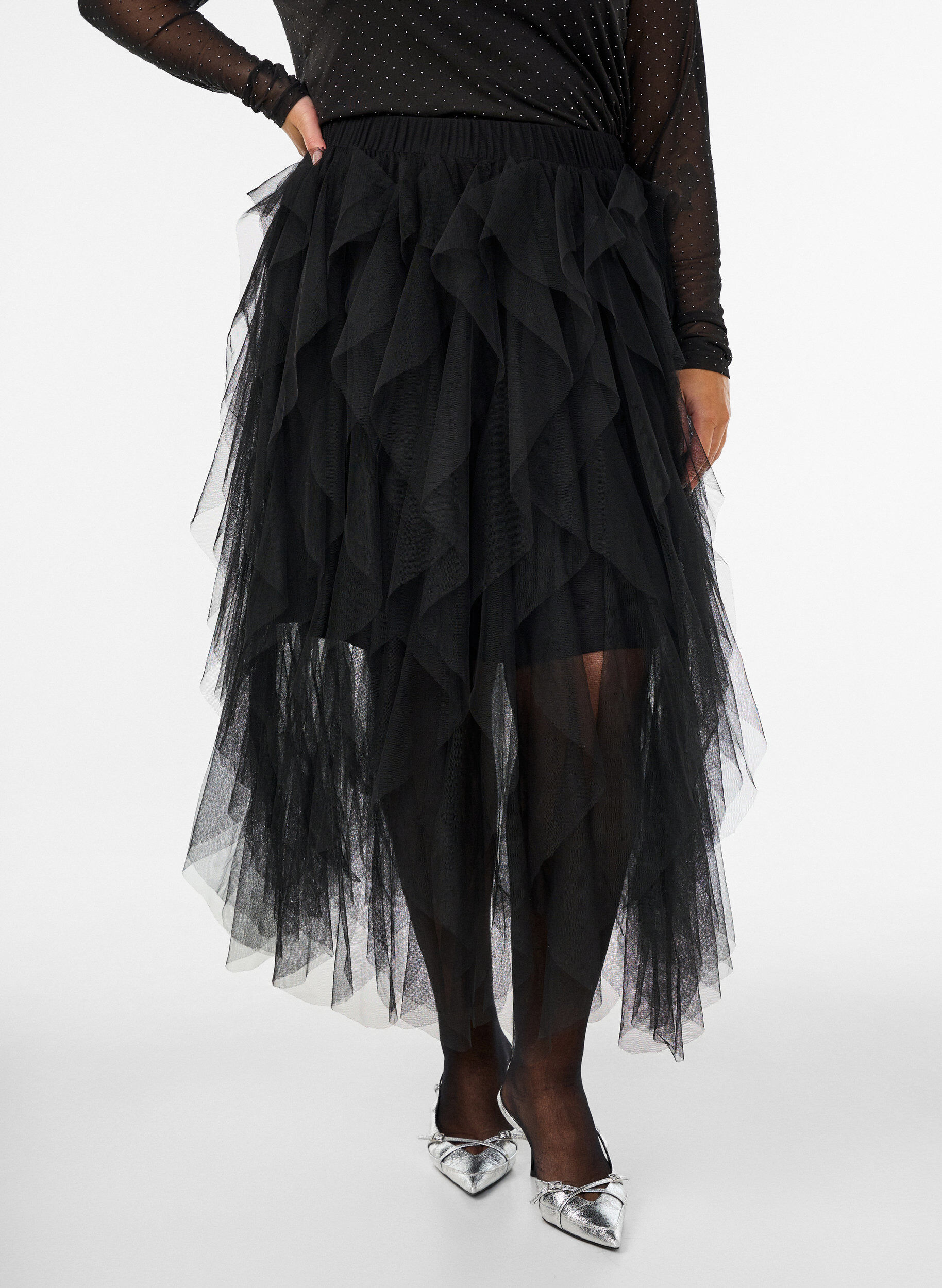 ZizziMidi-T&uuml;llrock mit elastischem Bund, Schwarz, Model image number 2