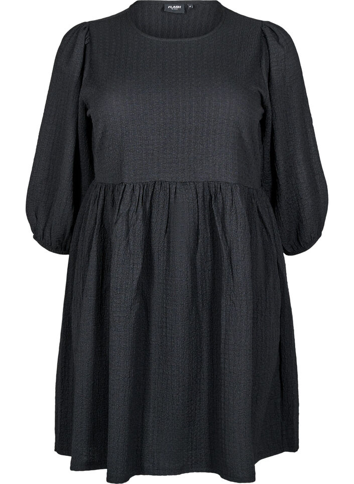 FLASH - Robe courte avec texture et manches 3/4, Black, Packshot image number 0
