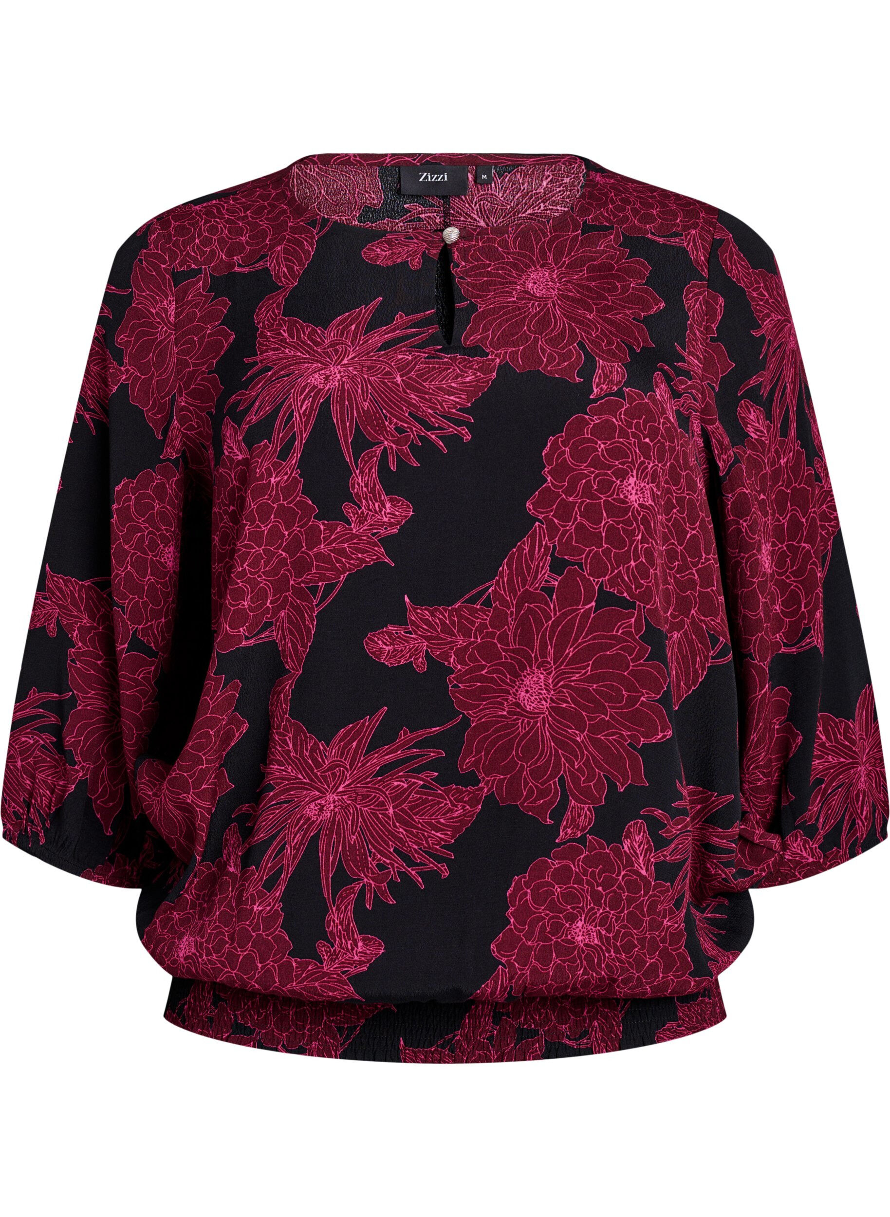 Zizzi Blouse en viscose &agrave; imprim&eacute; floral et smocks, Bordeaux fonc&eacute;, Packshot image number 0