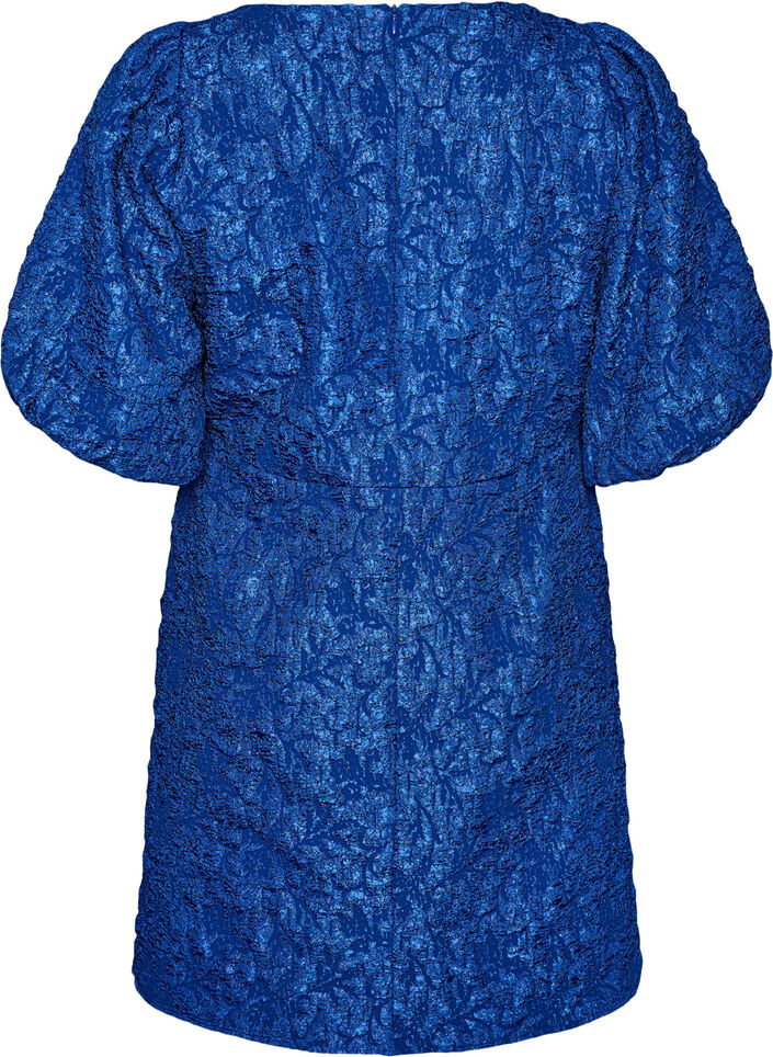 Robe en jacquard &agrave; coupe &eacute;vas&eacute;e avec manches bouffantes, Bleu, Packshot image number 1