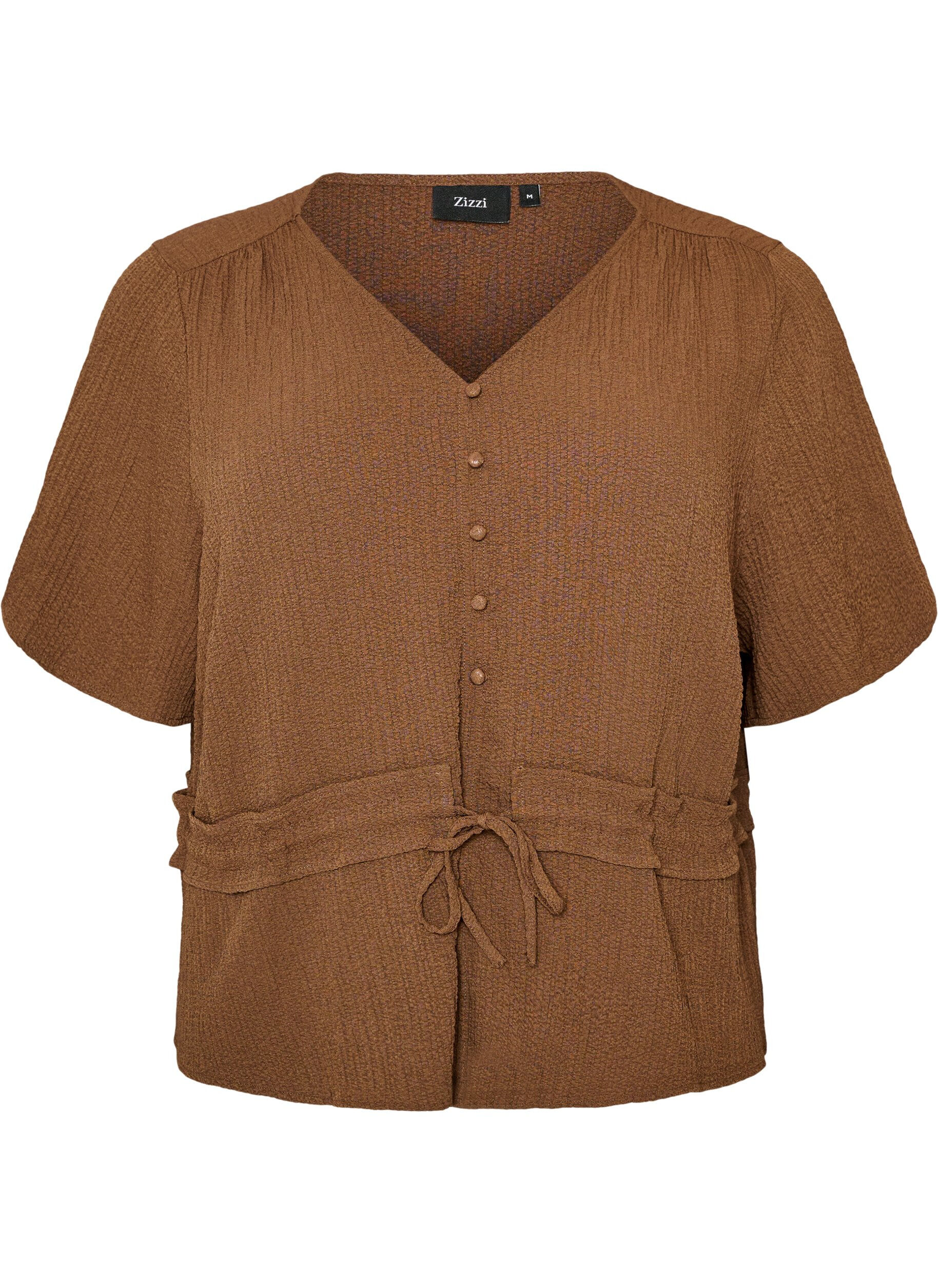 ZizziBluse mit Struktur und Taillenbindung, Braun, Packshot image number 0