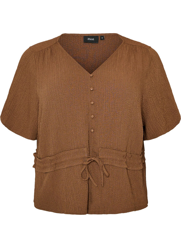 Bluse mit Struktur und Taillenbindung, Braun, Packshot image number 0