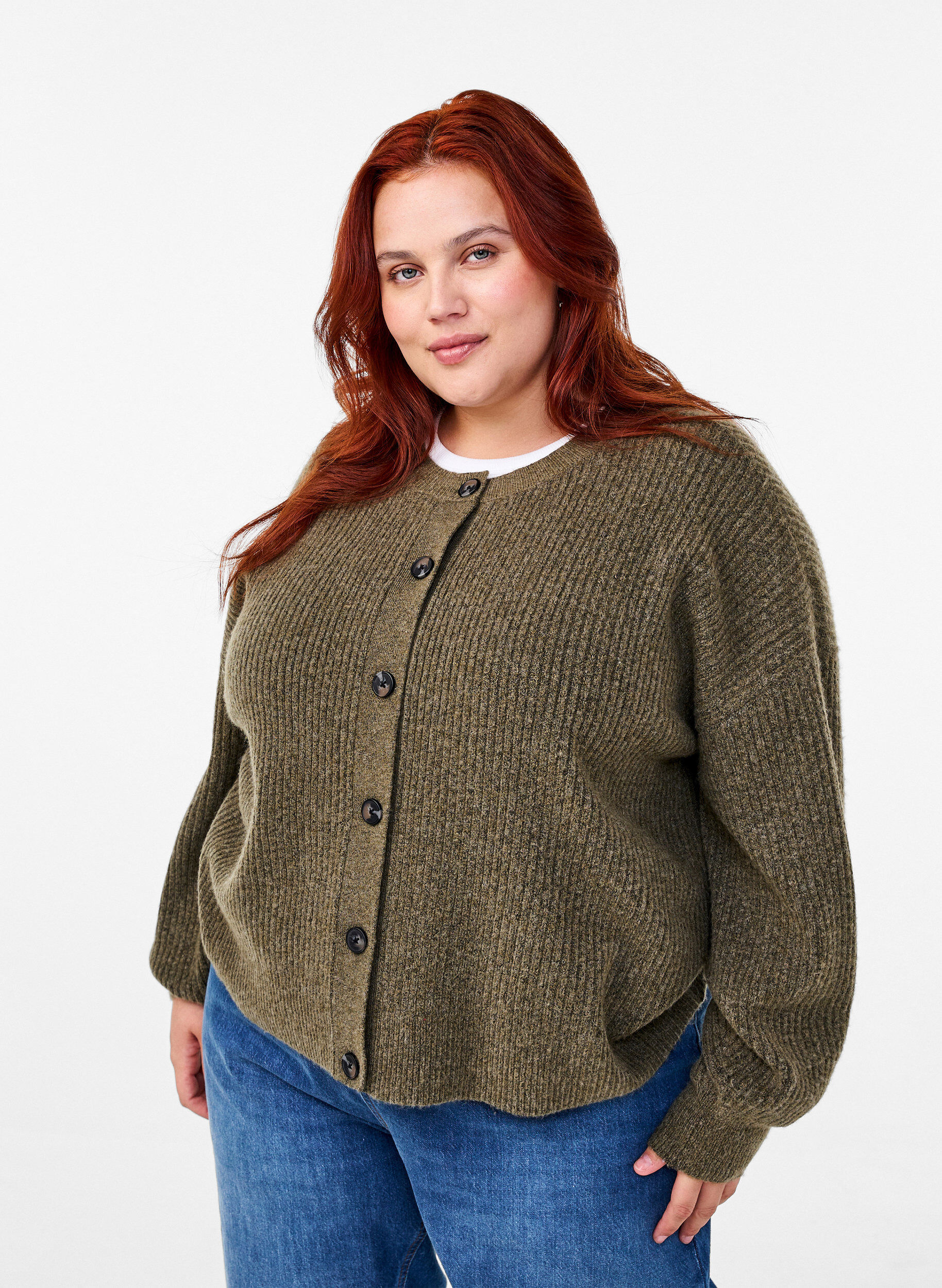 Zizzi Rippenstrick Strickjacke mit Kn&ouml;pfen, Gr&uuml;n, Model image number 0