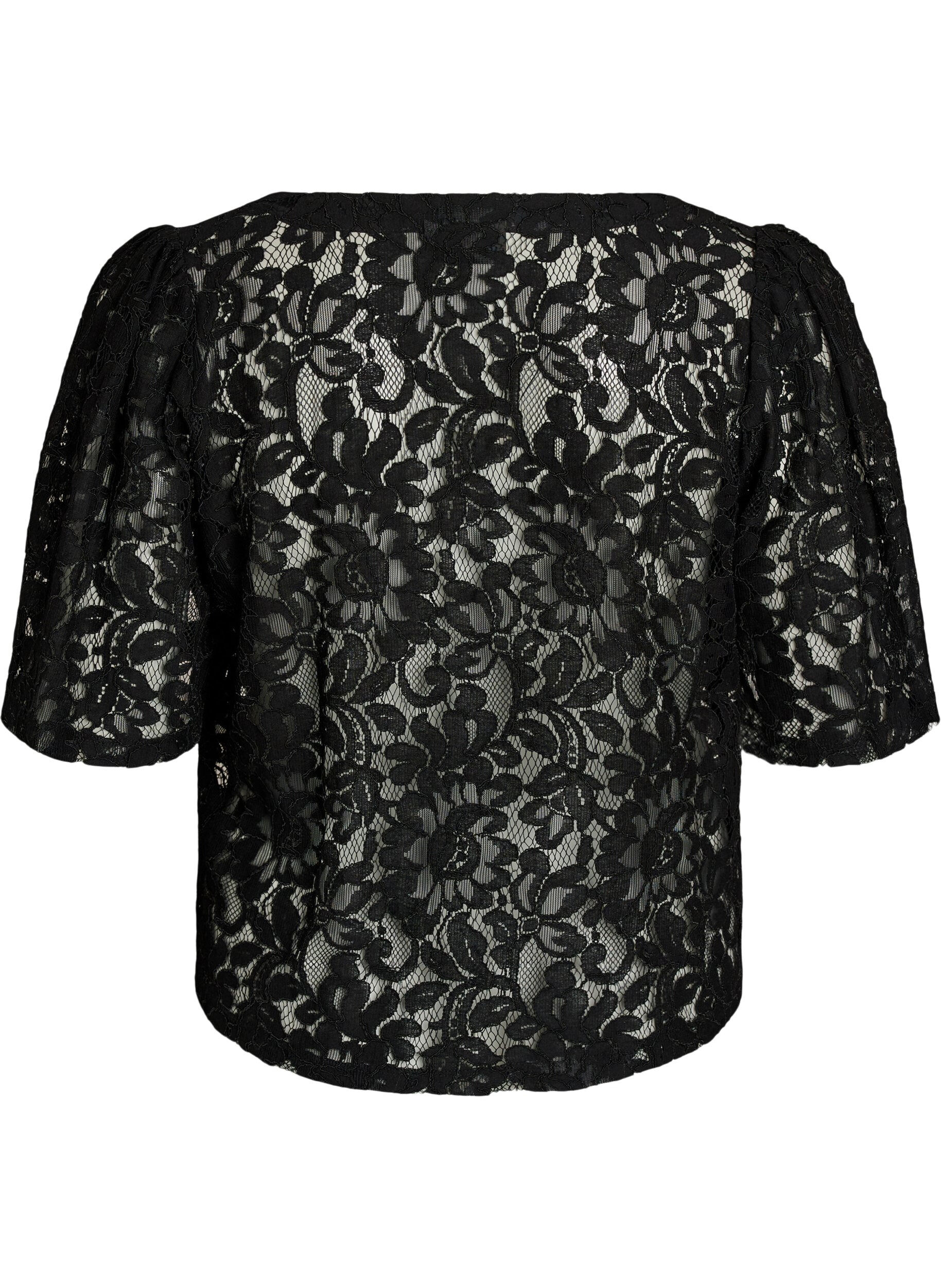 Zizzi Blouse en dentelle &agrave; manches courtes et col V, Noir, Packshot image number 1